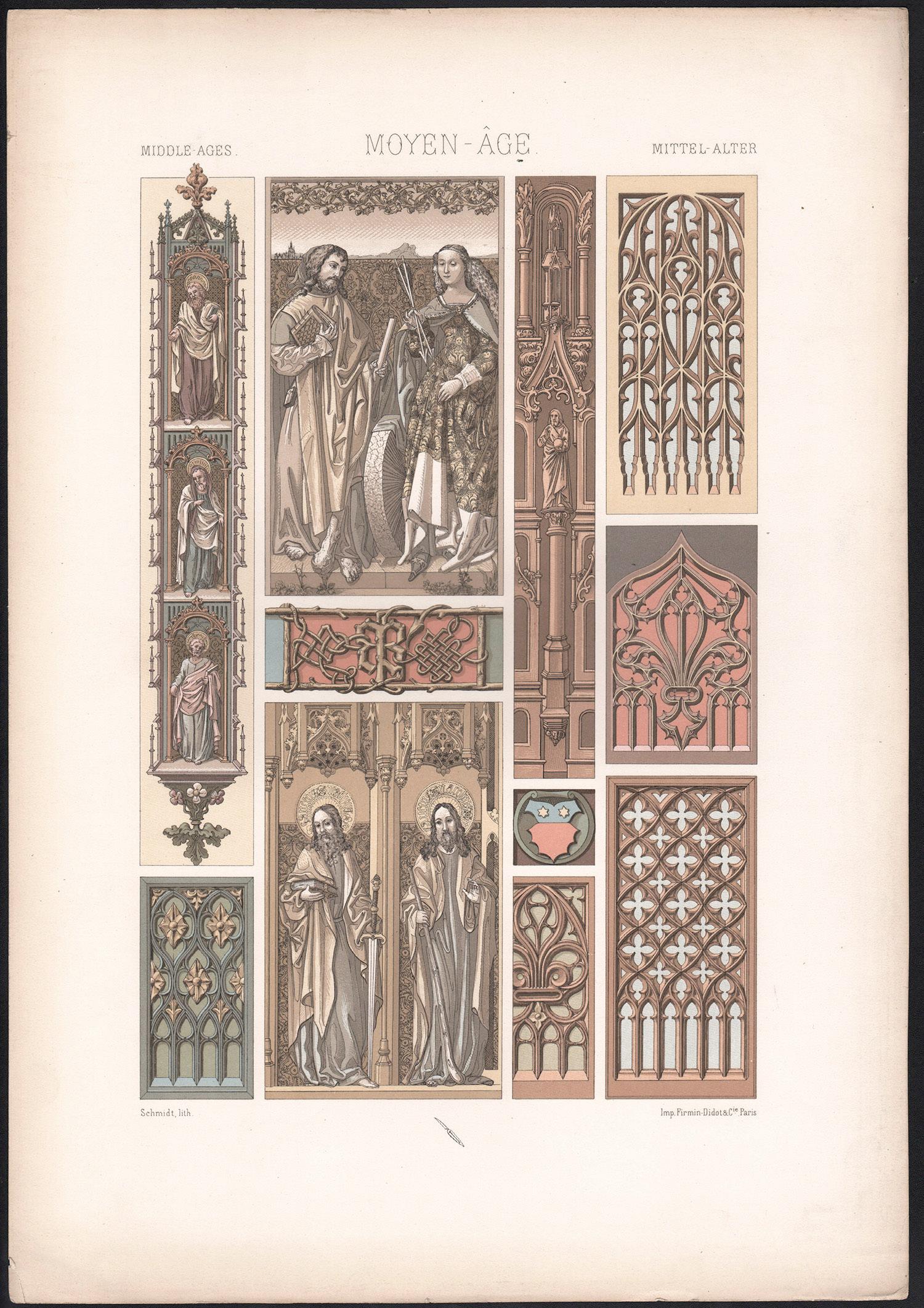 Middle Ages, French chromolithograph from Racinet's ‘L’Ornement Polychrome’ - Print by Albert-Charles-Auguste Racinet