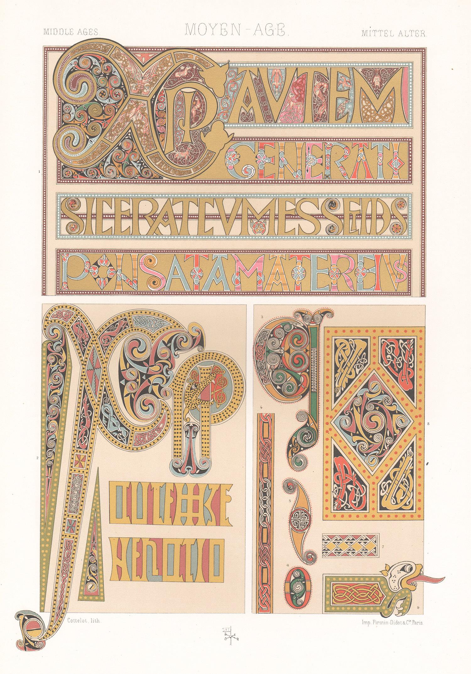 Albert-Charles-Auguste Racinet Interior Print – Antiker französischer antiker Racinet-Kunstdesign-Lithografiedruck aus dem Mittelalter