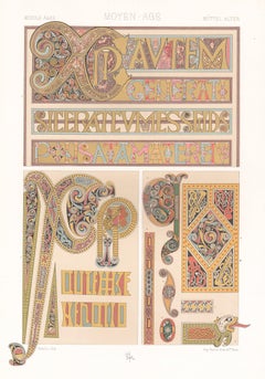 Antiker französischer antiker Racinet-Kunstdesign-Lithografiedruck aus dem Mittelalter