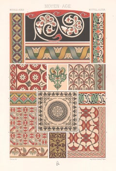 Antiker französischer antiker Racinet-Kunstdesign-Lithografiedruck aus dem Mittelalter