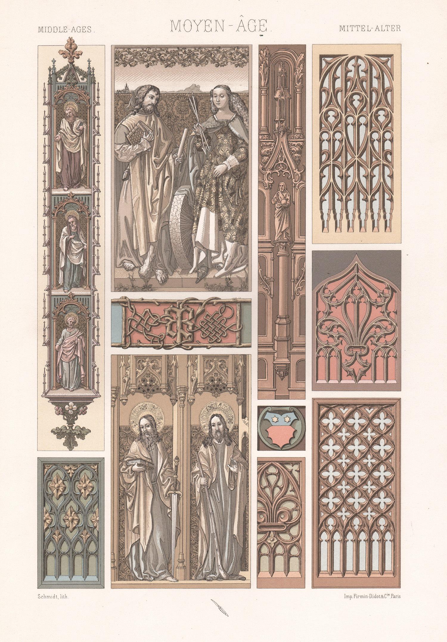 Albert-Charles-Auguste Racinet Interior Print - Middle Ages, French chromolithograph from Racinet's ‘L’Ornement Polychrome’