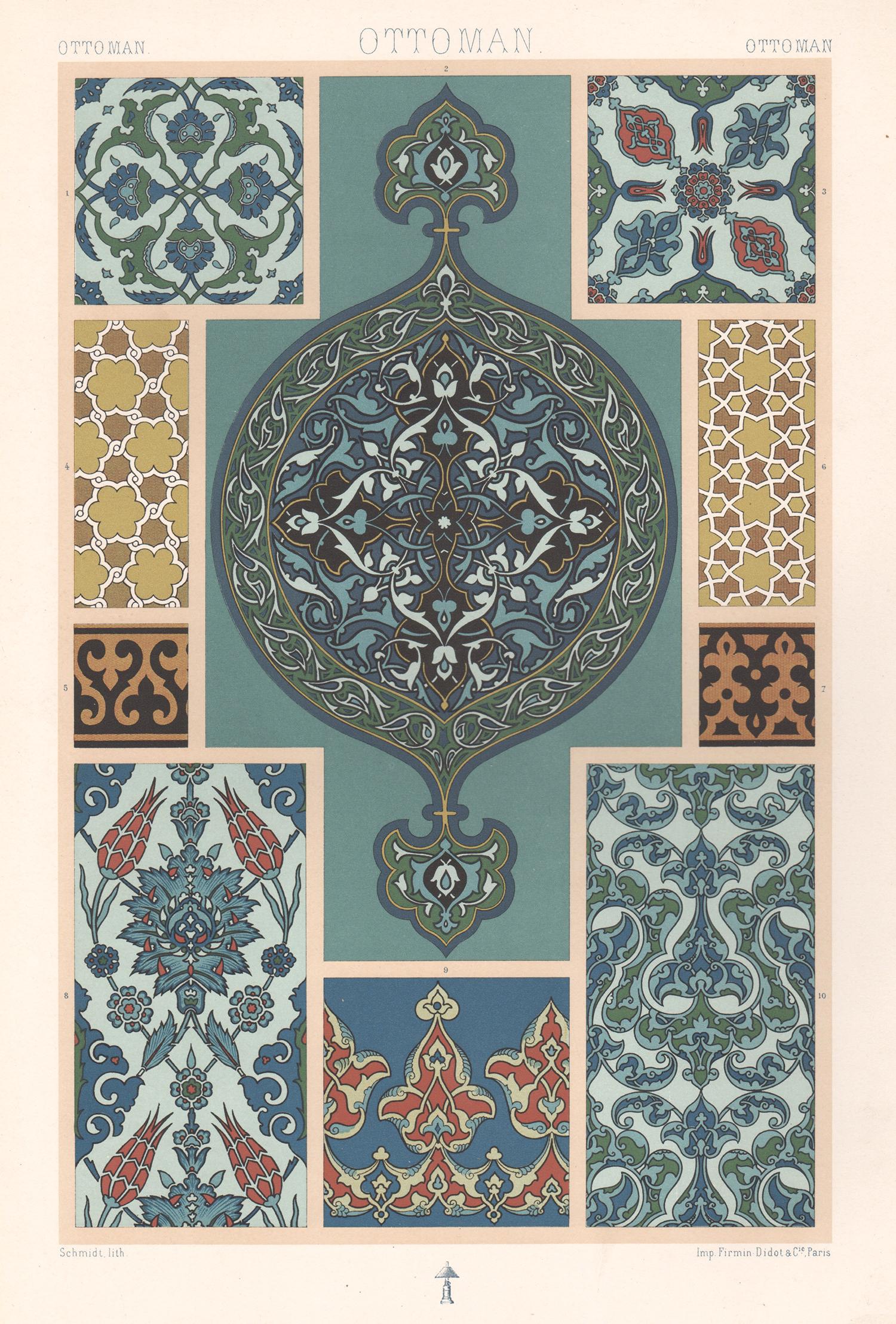 Albert-Charles-Auguste Racinet Interior Print - Ottoman, French antique 19th century Racinet art design lithograph print