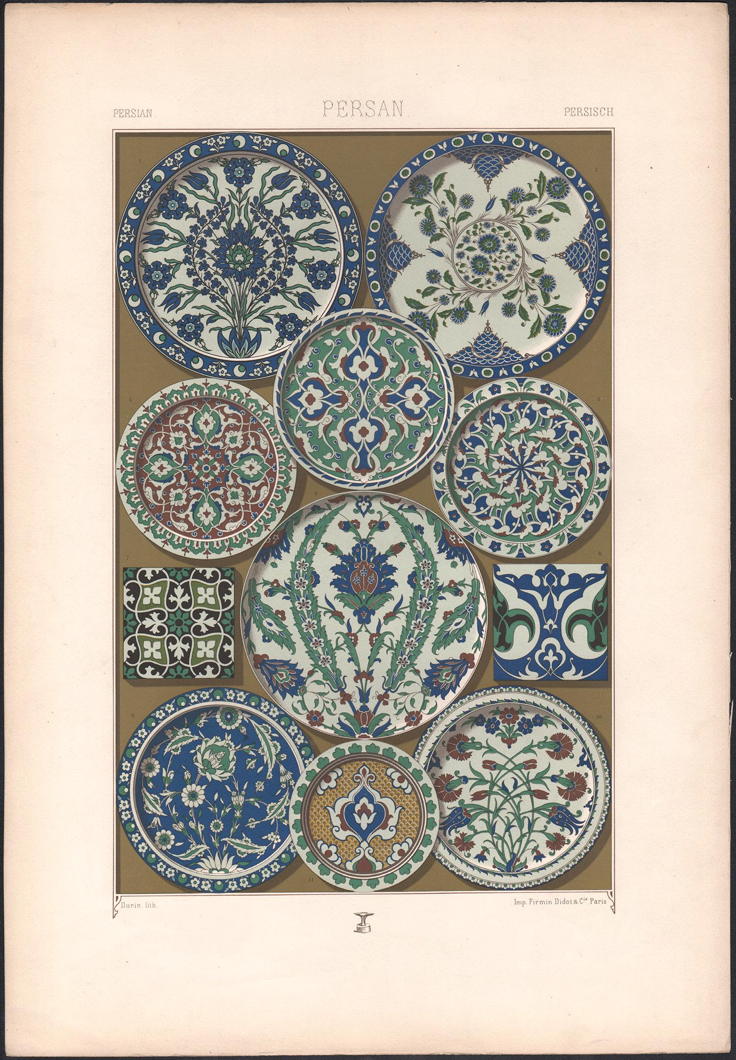 Persischer, französischer, antiker Racinet-Kunstdesign-Lithographiendruck aus dem 19. Jahrhundert – Print von Albert-Charles-Auguste Racinet
