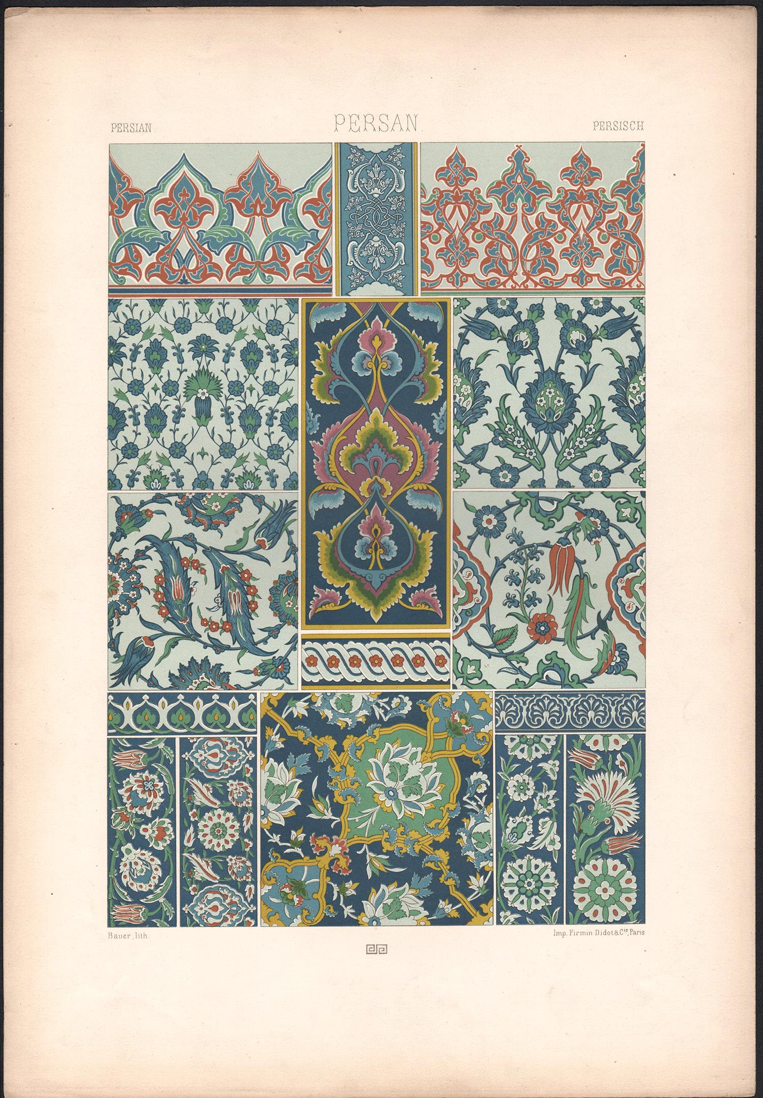 Lithographie persane, française antique du 19ème siècle représentant un racinet - Print de Albert-Charles-Auguste Racinet