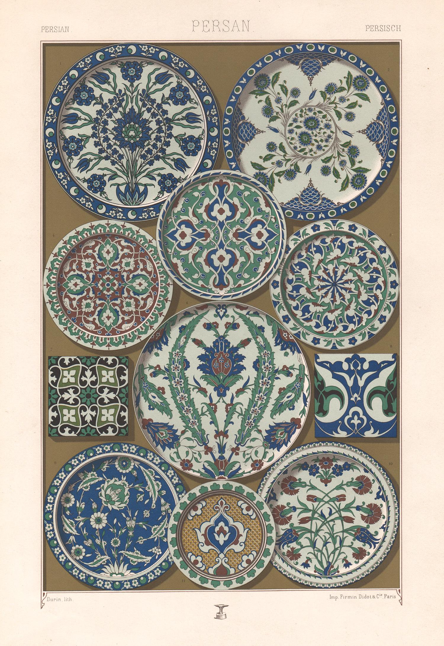 Albert-Charles-Auguste Racinet Abstract Print – Persischer, französischer, antiker Racinet-Kunstdesign-Lithographiendruck aus dem 19. Jahrhundert