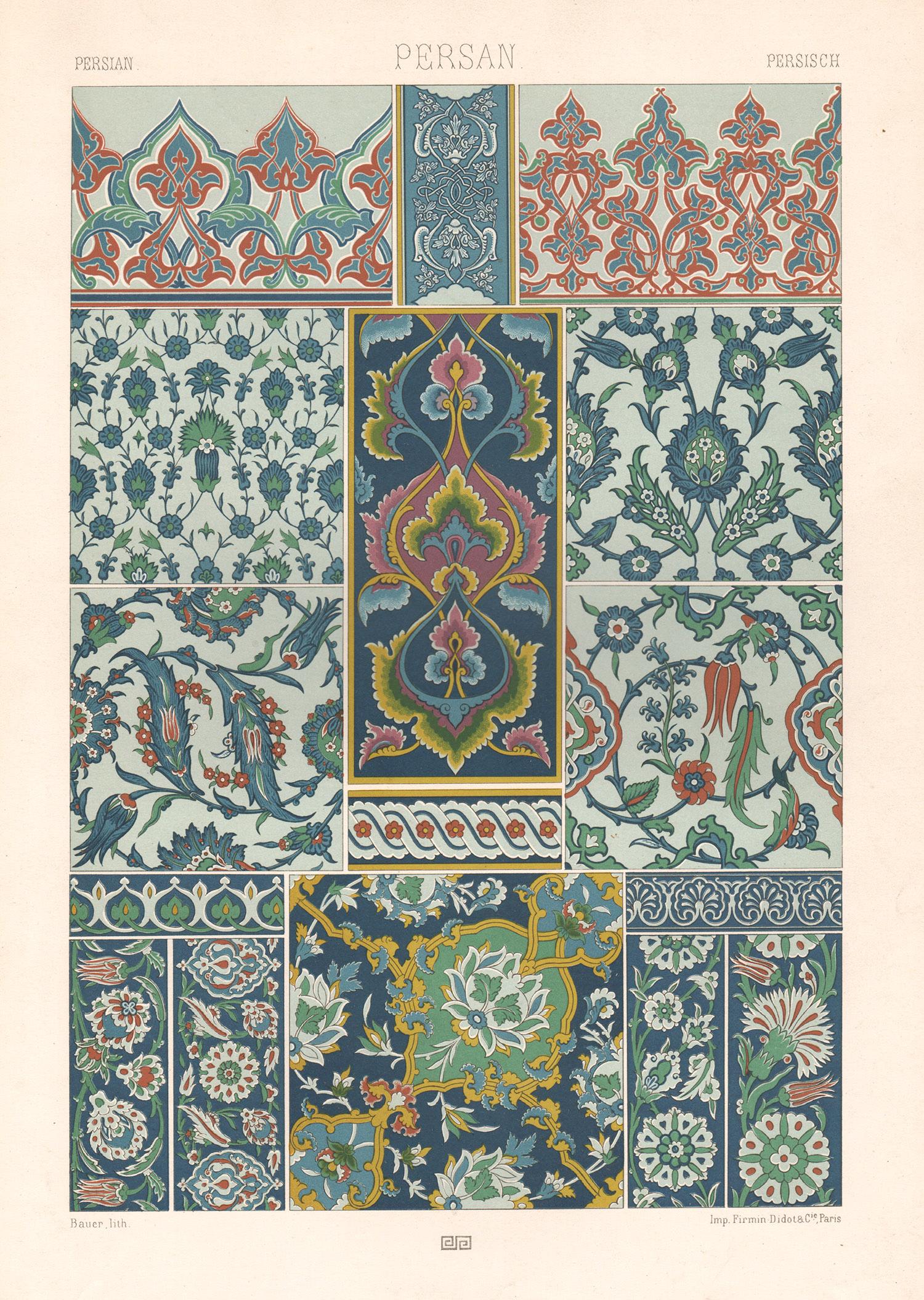 Abstract Print Albert-Charles-Auguste Racinet - Lithographie persane, française antique du 19ème siècle représentant un racinet