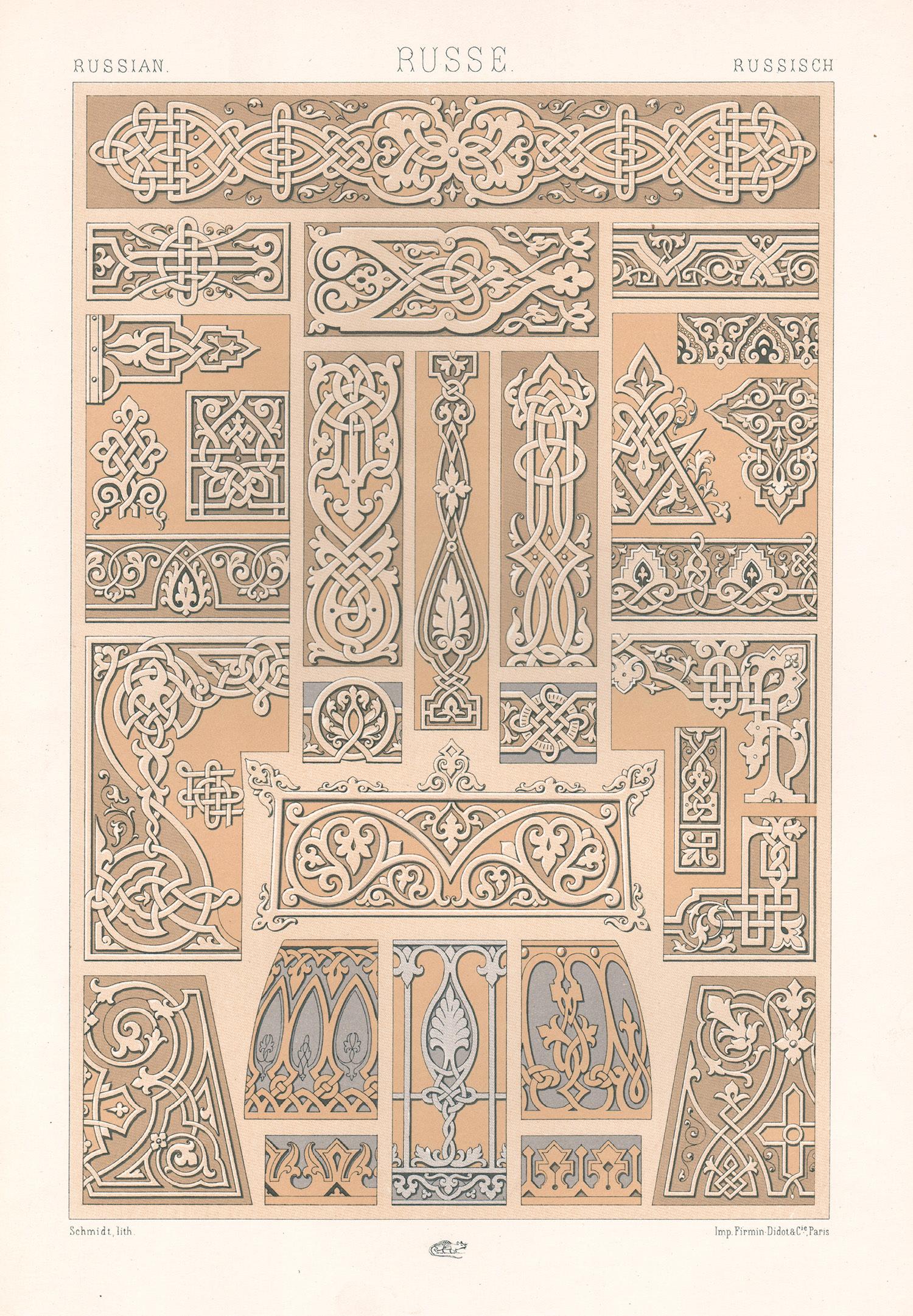 Albert-Charles-Auguste Racinet Interior Print - Russian, French antique 19th century Racinet art design lithograph print