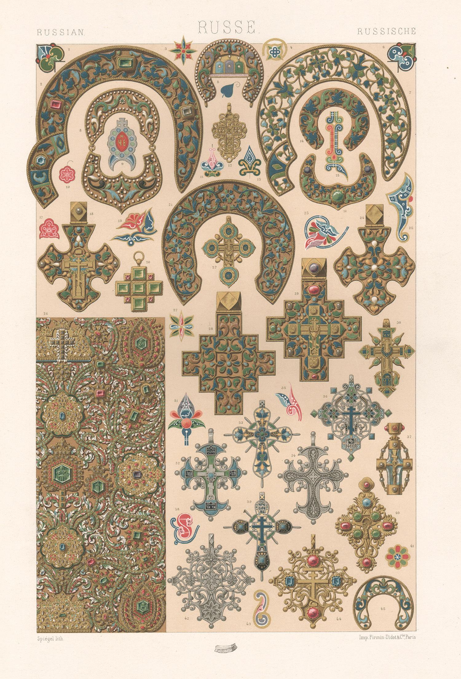 Russischer, französischer, antiker, antiker Racinet-Kunstdesign-Lithographiedruck aus dem 19. Jahrhundert