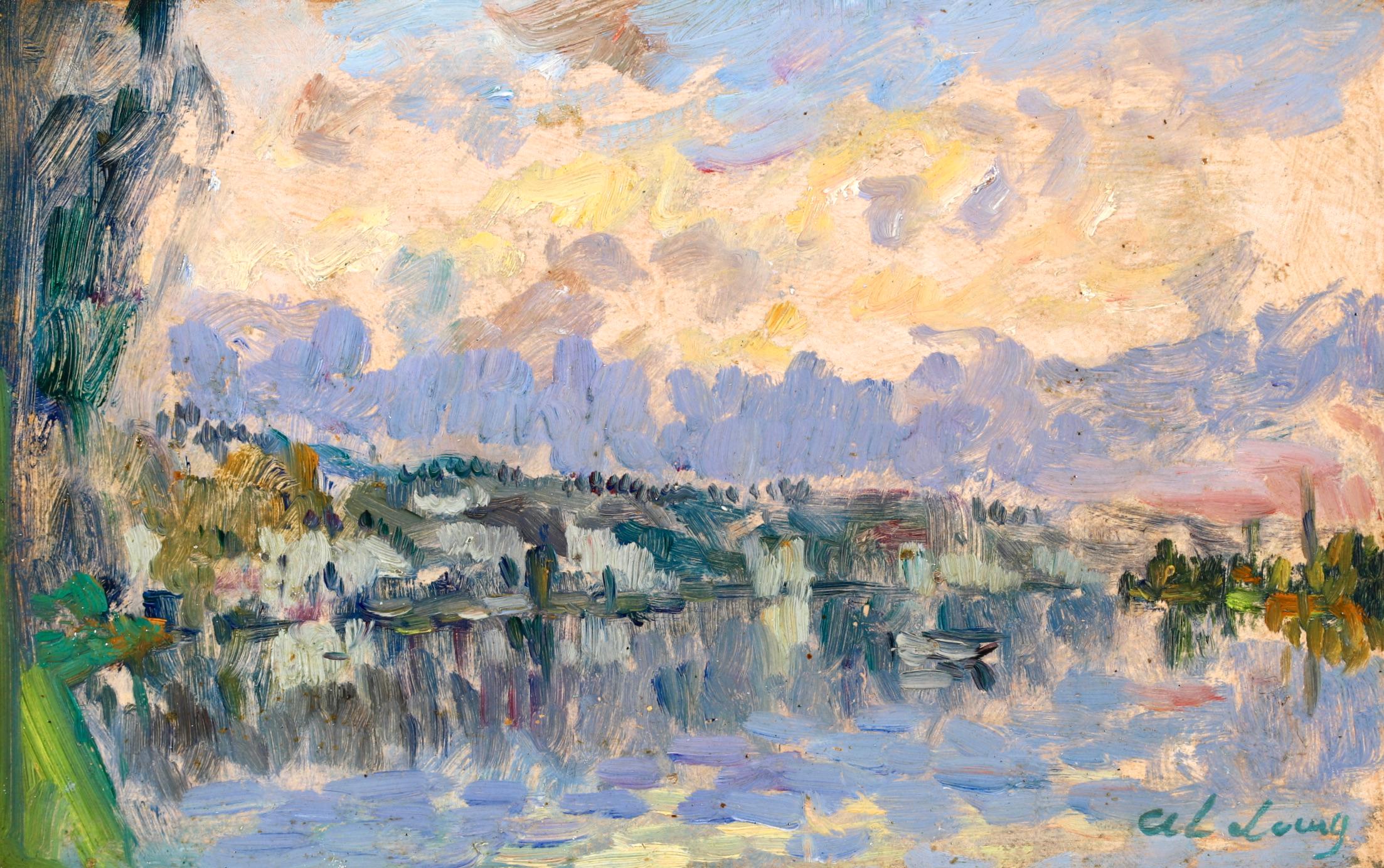 Signed oil on canvas riverscape circa 1890 by French post impressionist painter Albert Charles Lebourg. The work depicts a view of the river Seine near Rouen. The clouds in the sky are illuminated in warm tones of yellow and peach from the light of