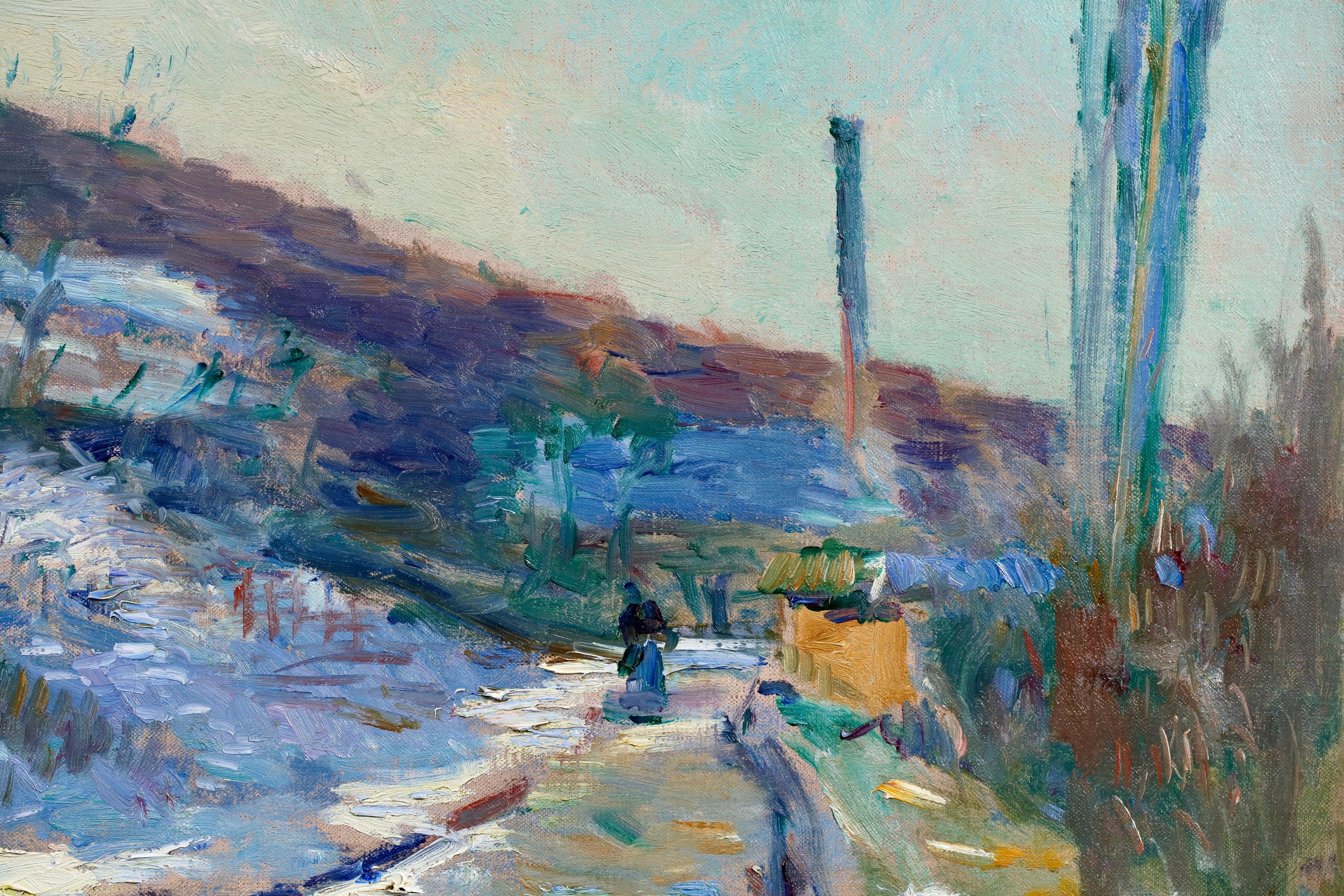 Paisaje al óleo sobre lienzo firmado hacia 1890 por el pintor postimpresionista francés Albert Charles Lebourg. La obra representa una vista de la carretera de Hondouville, municipio del norte de Francia, en un gélido día de invierno. Las colinas