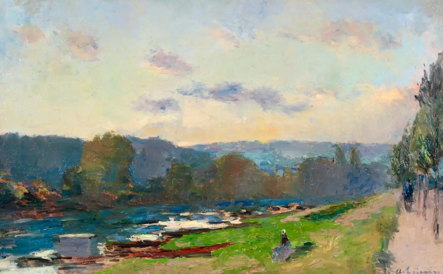 On The Seine – Postimpressionistische Landschaft Ölgemälde von Albert Charles Lebourg im Angebot 1