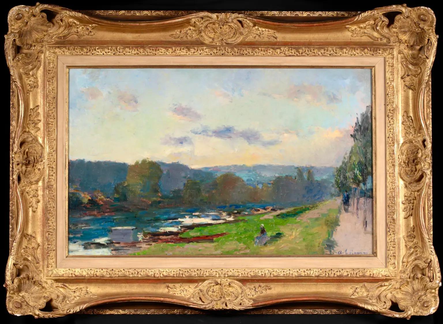 Signed figures in riverscape oil on original canvas circa 1895 by French post impressionist painter Albert Charles Lebourg. The work depicts a view of the River Seine on a warm, sunny summer's day. There is a young lady sat on the green, grassy bank
