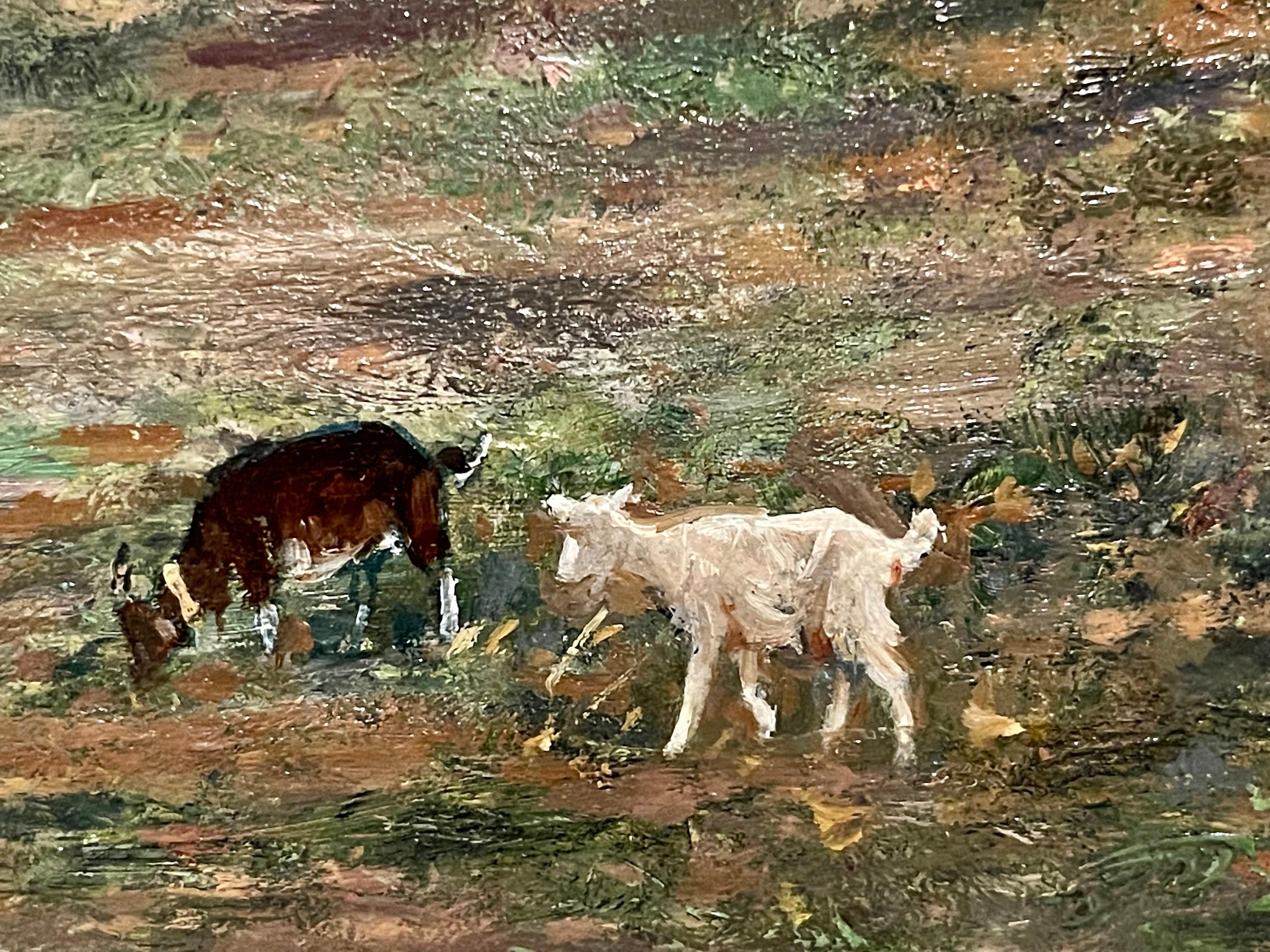 Pintura al óleo romántica francesa al aire libre del siglo XIX - niños barbizon - Painting Escuela de Barbizon de Albert Charpin