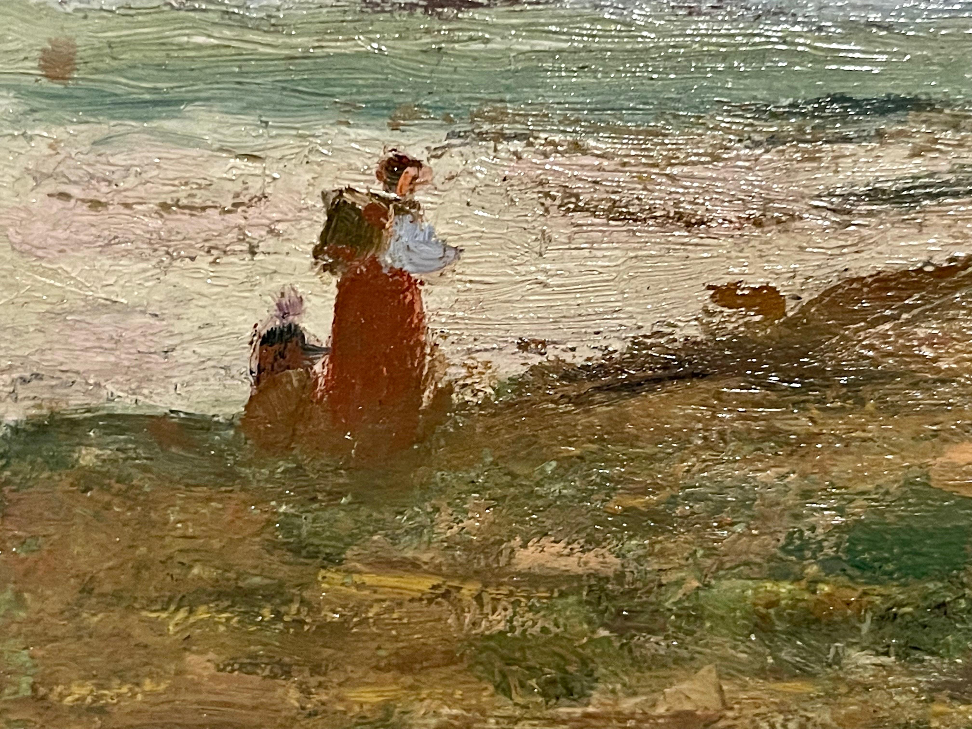 Pintura al óleo romántica francesa al aire libre del siglo XIX - niños barbizon 1