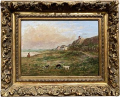 19th century French romantic countryside oil painting - children barbizon