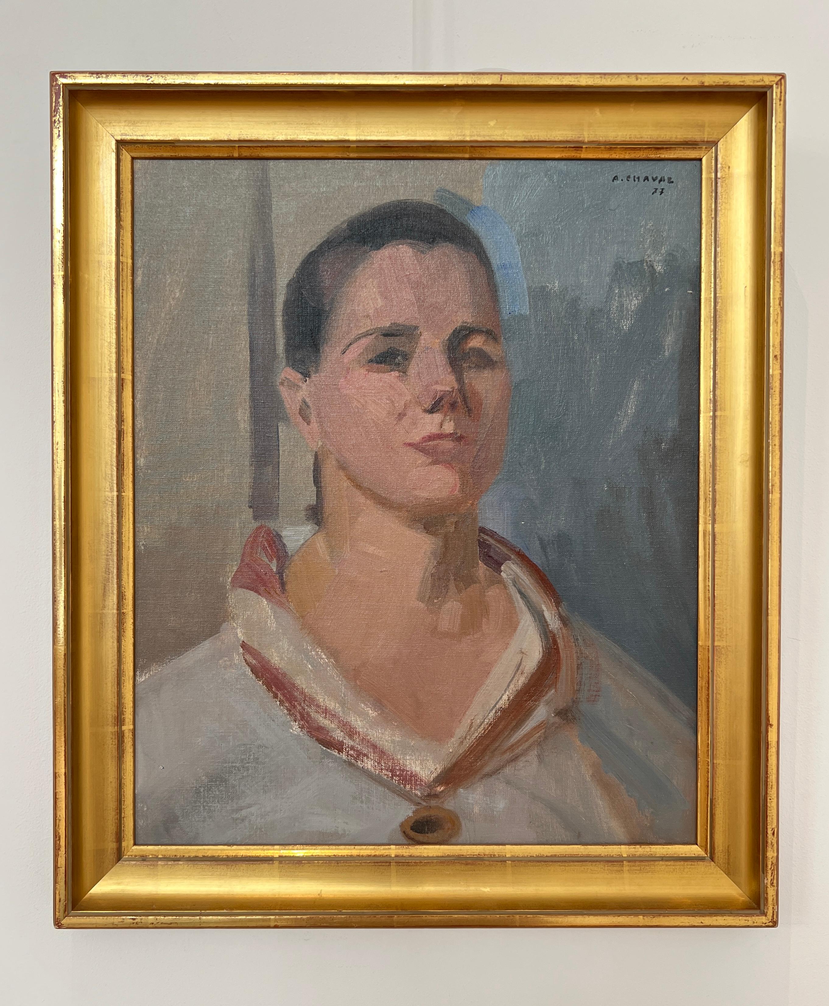 Portrait of young woman - Painting by Albert Chavaz