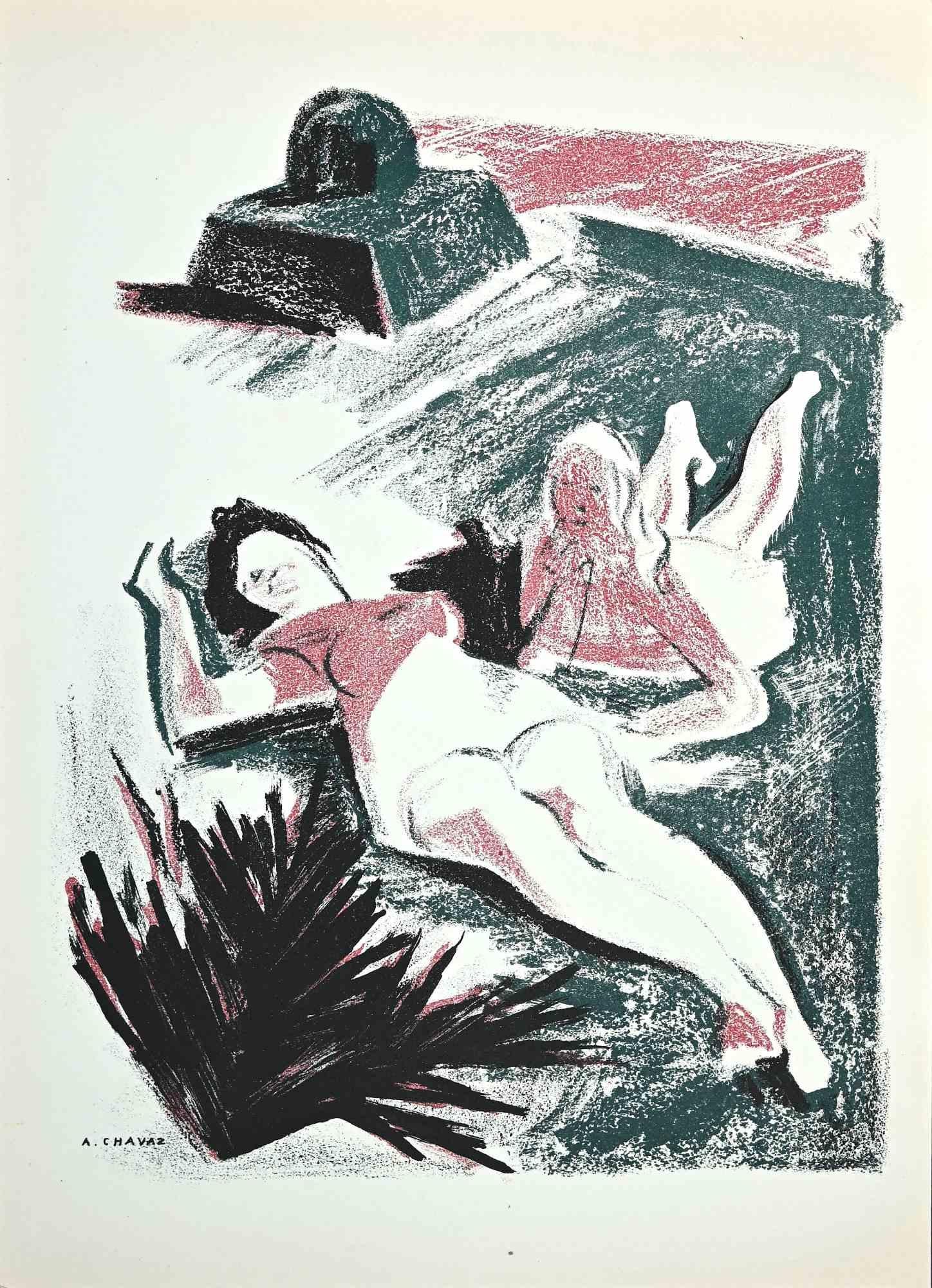 Women in the Sun is an original lithograph on paper realized by Albert Chavaz in 1947.

Good Conditions.

The artwork is depicted through harmonious colors in a well-balanced composition.