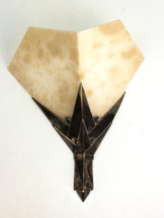 Albert Cheuret French Art Deco 'Cactus' Silvered Bronze and Alabaster Sconces