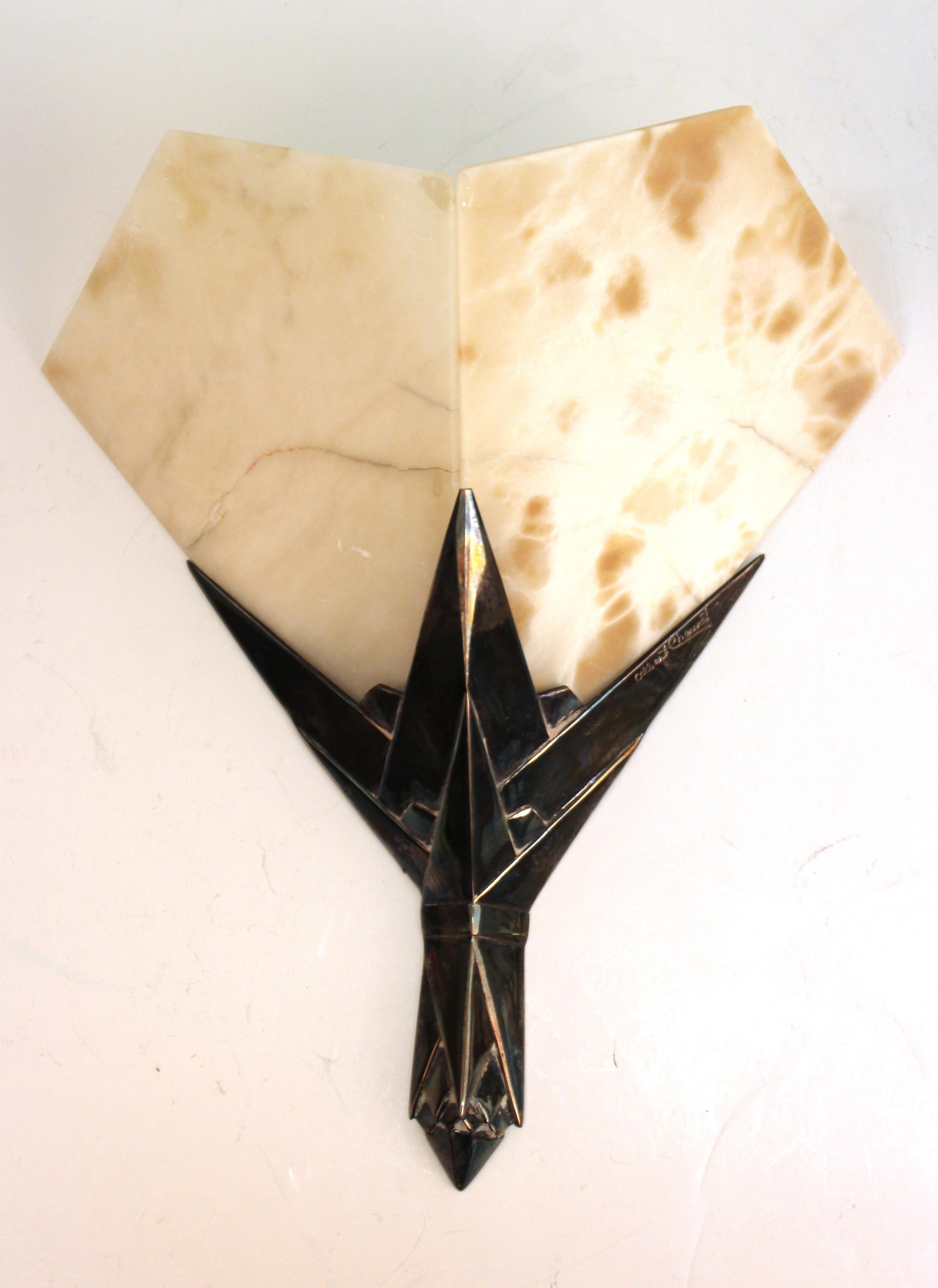 Albert Cheuret French Art Deco 'Cactus' Silvered Bronze and Alabaster Sconces In Good Condition In Astoria, NY