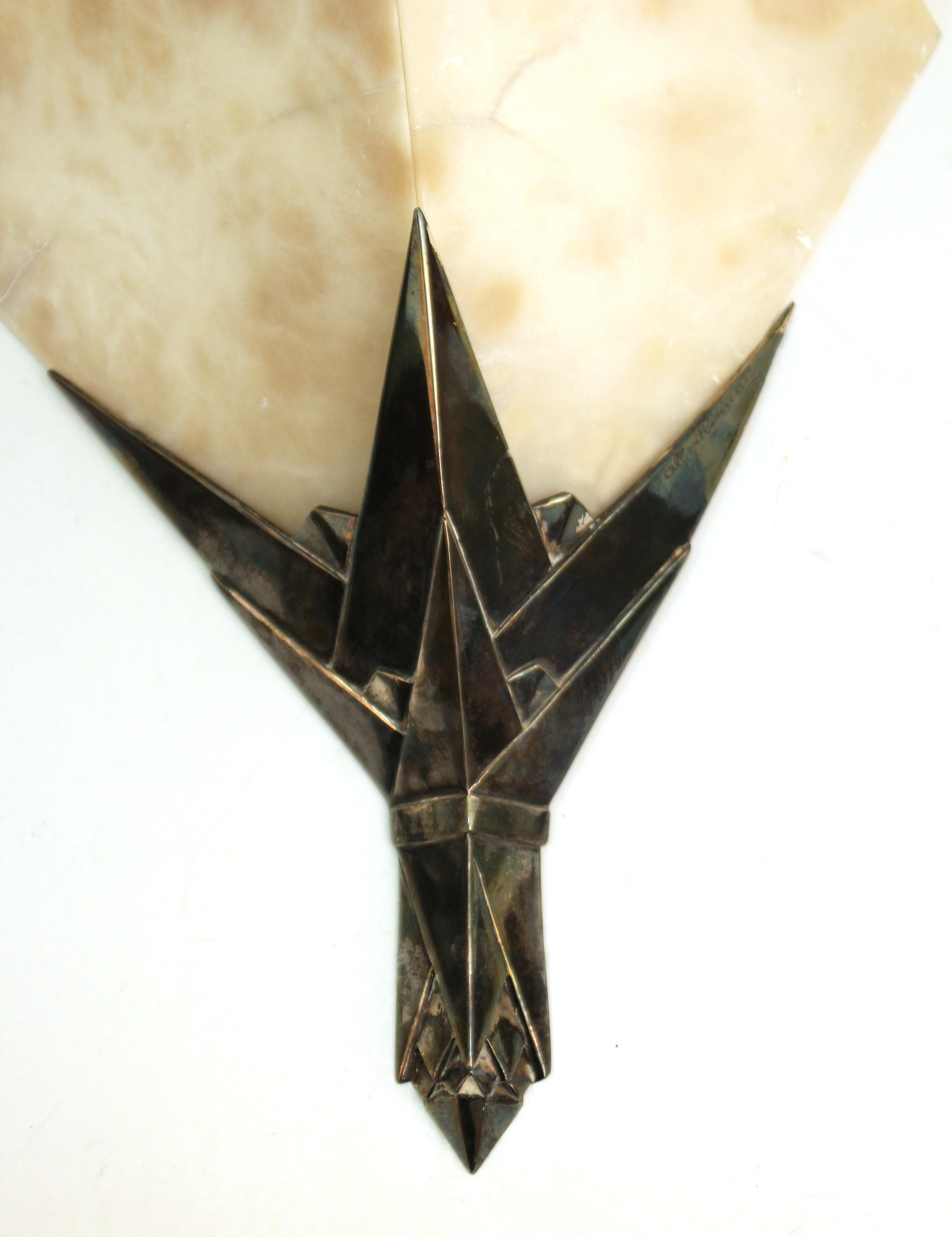 Early 20th Century Albert Cheuret French Art Deco 'Cactus' Silvered Bronze and Alabaster Sconces