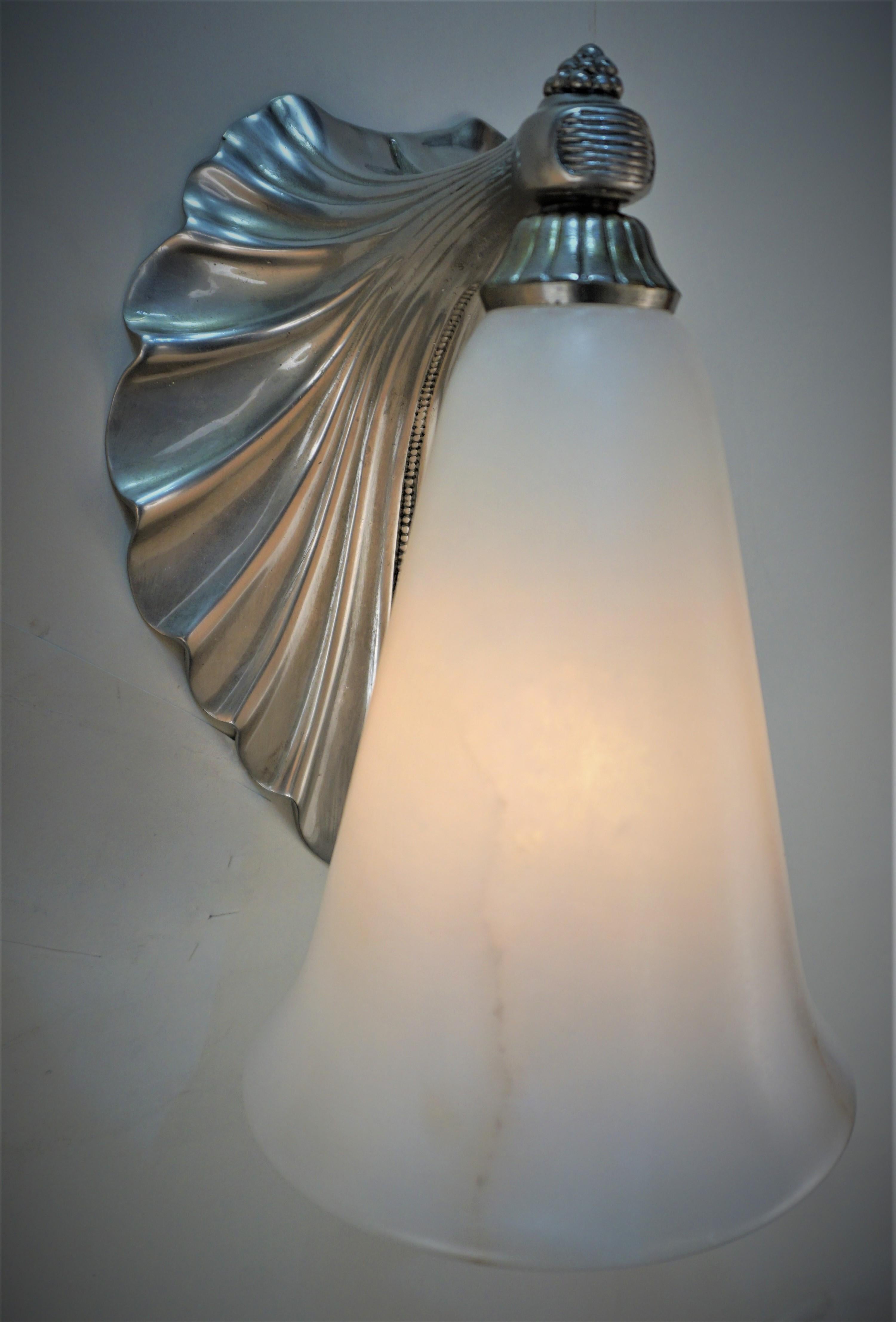 Art Deco Albert Cheuret, Pair of Silver and Alabaster Wall Sconces For Sale