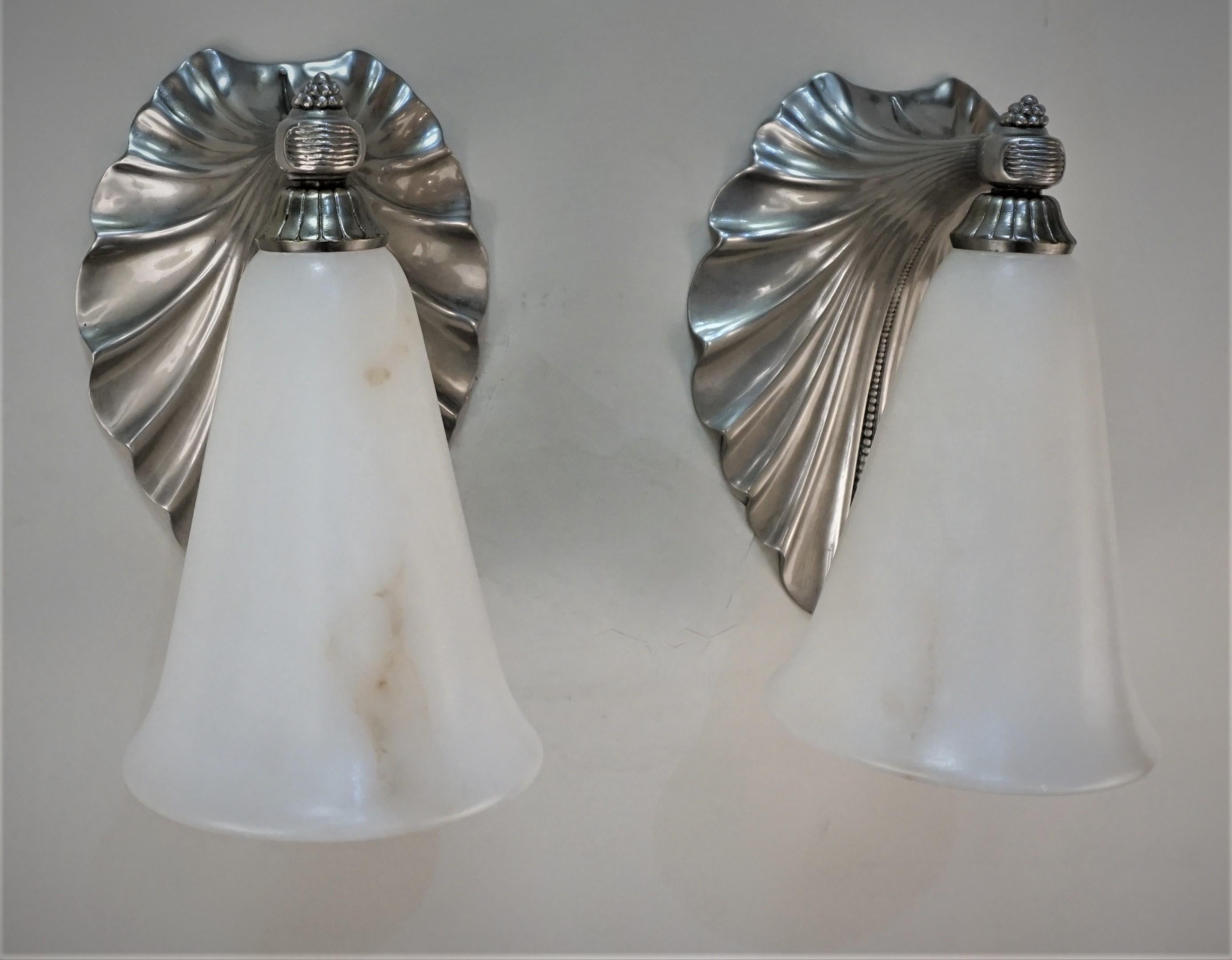 Bronze Albert Cheuret, Pair of Silver and Alabaster Wall Sconces For Sale
