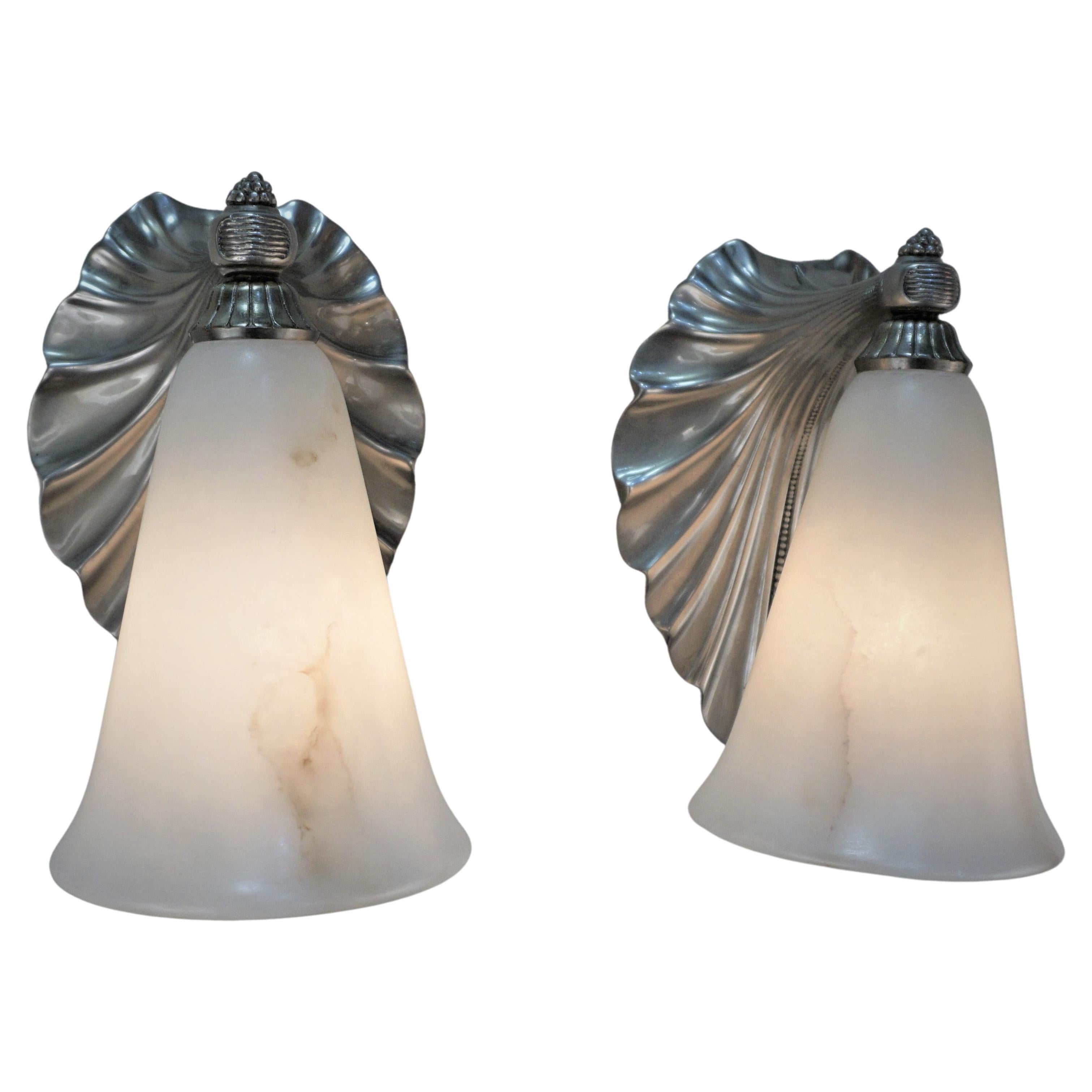 Albert Cheuret, Pair of Silver and Alabaster Wall Sconces For Sale