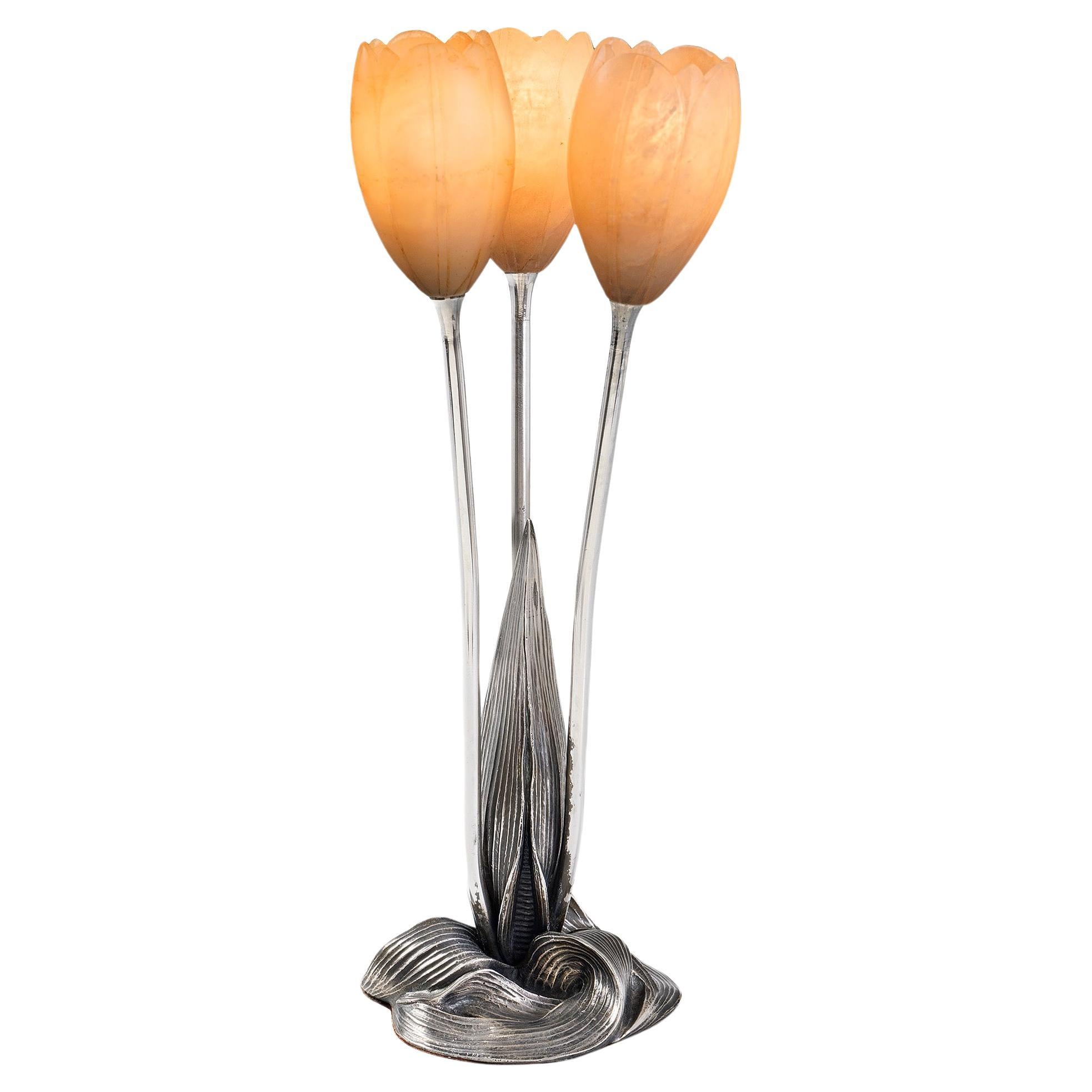 Albert Cheuret Silvered Bronze and Alabaster "Tulip" Lamp For Sale