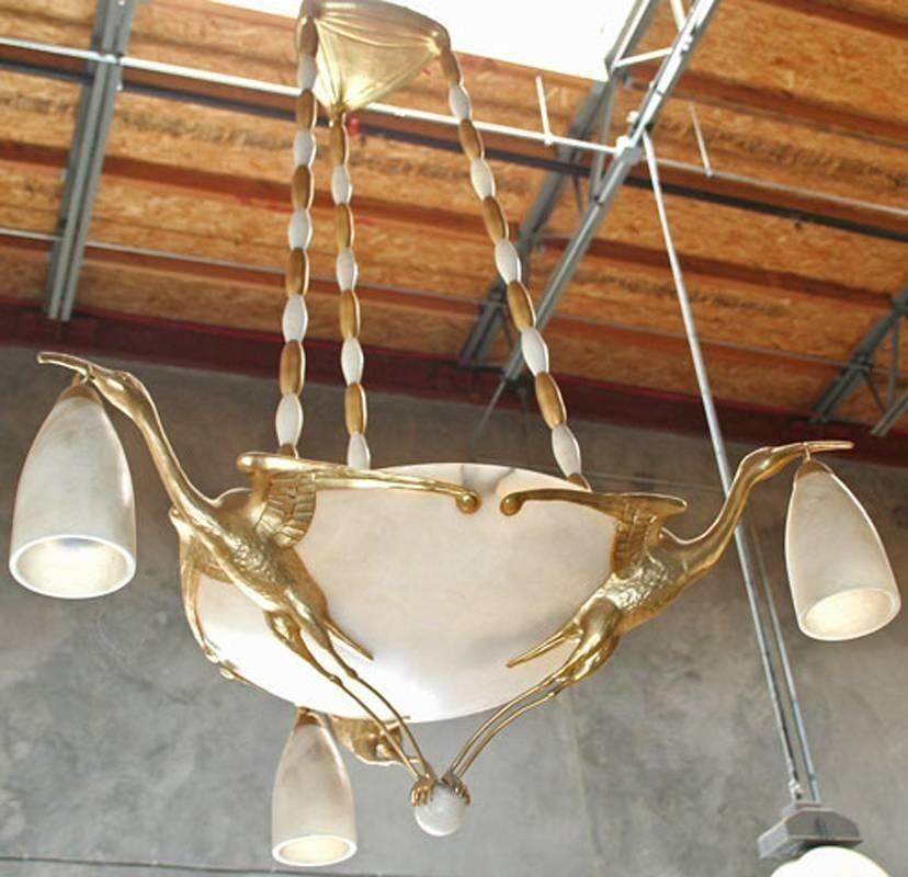 Late 20th Century Albert Cheuret Style 24k Gold Finished Bronze Crane Chandelier