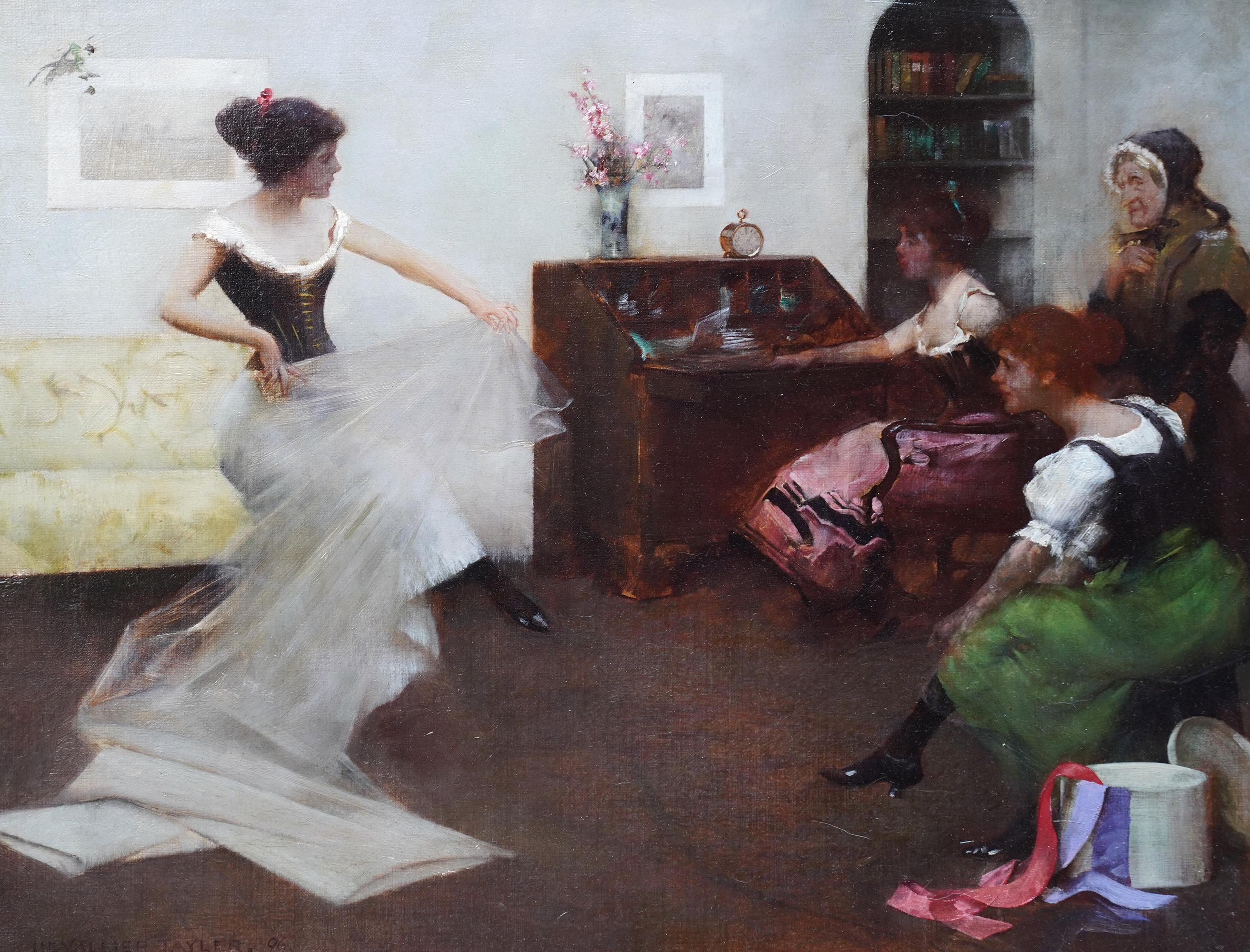 The New Dress - British Victorian 1896 art figurative Interior oil painting For Sale 6
