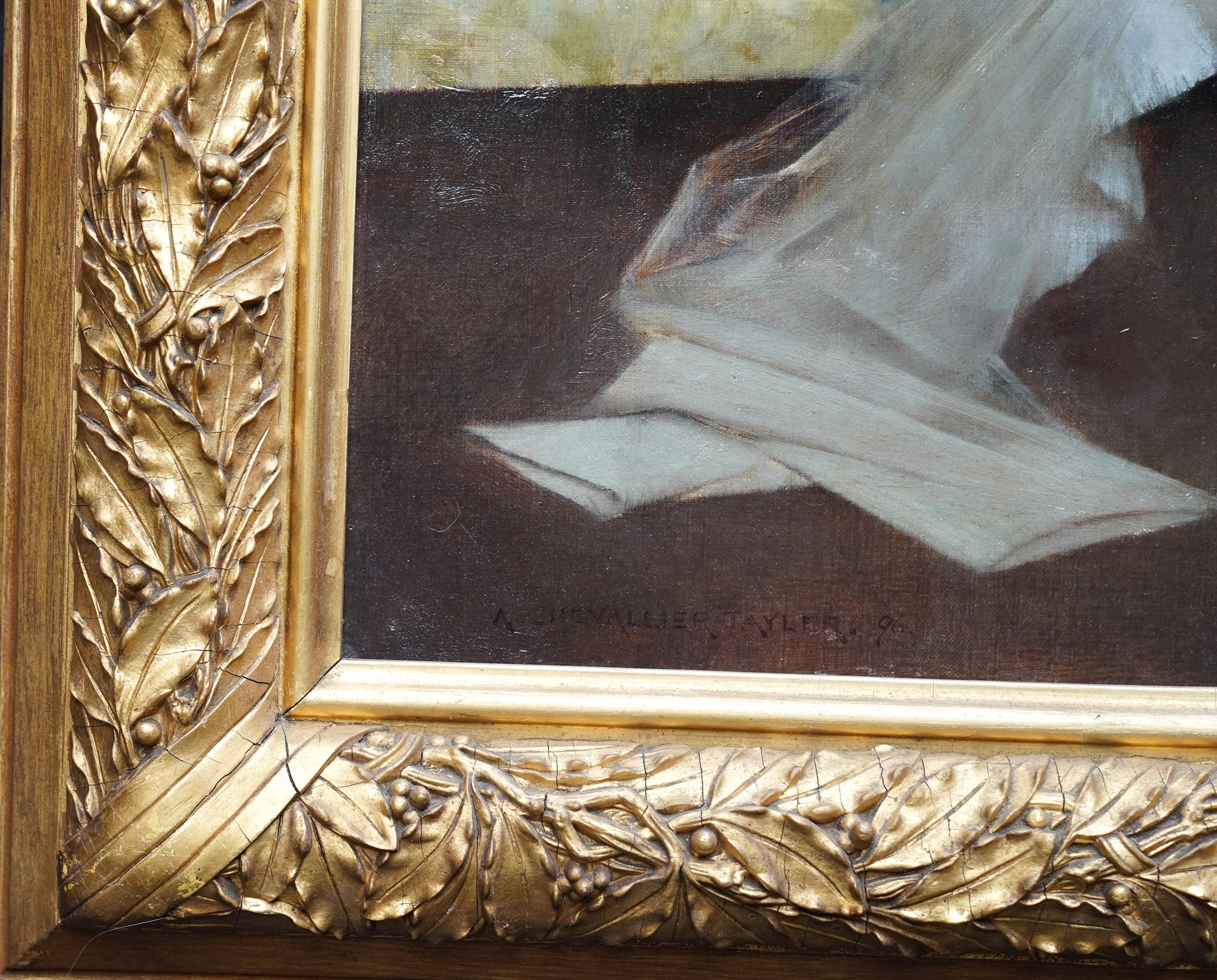 The New Dress - British Victorian 1896 art figurative Interior oil painting For Sale 7