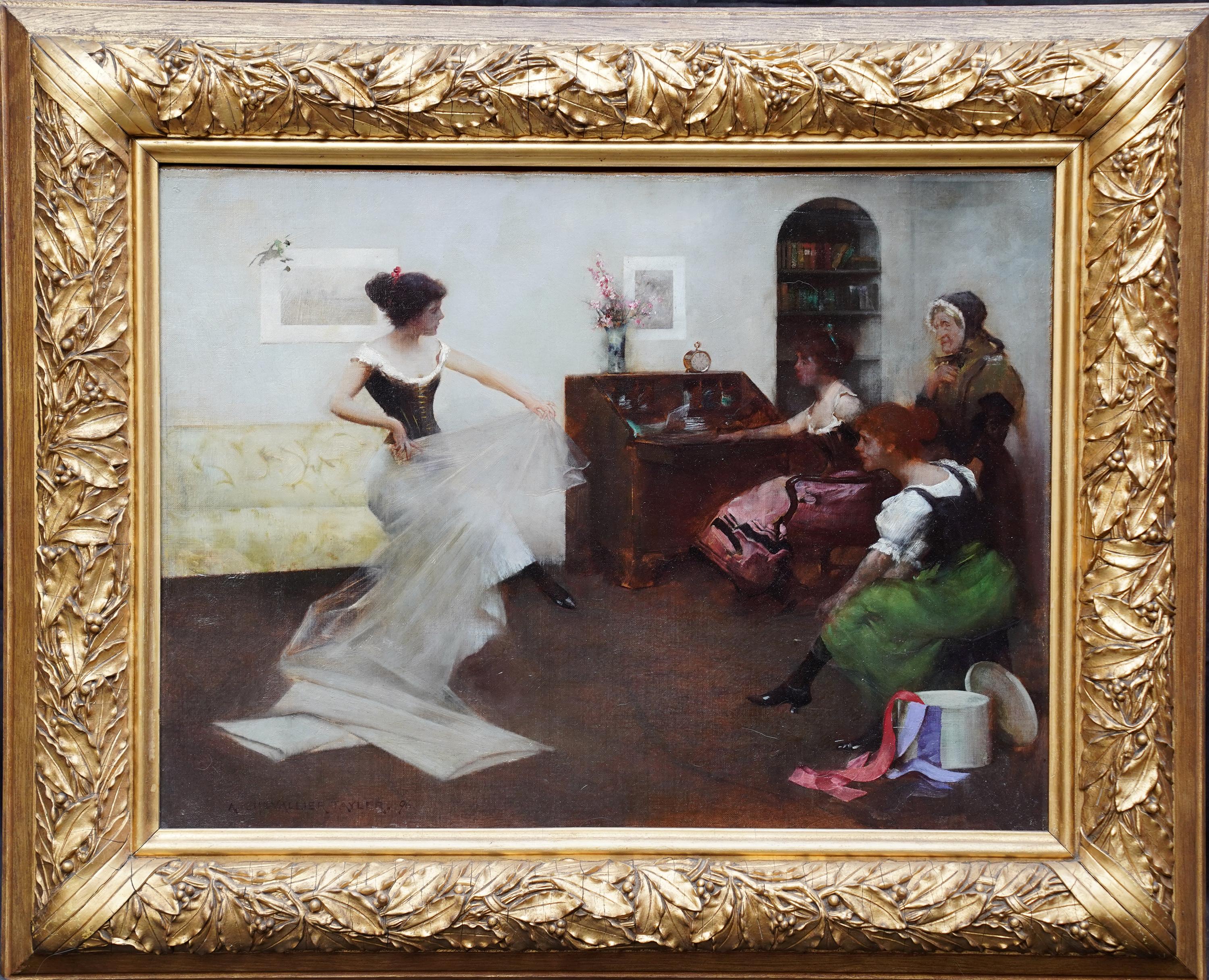 The New Dress - British Victorian 1896 art figurative Interior oil painting For Sale 9