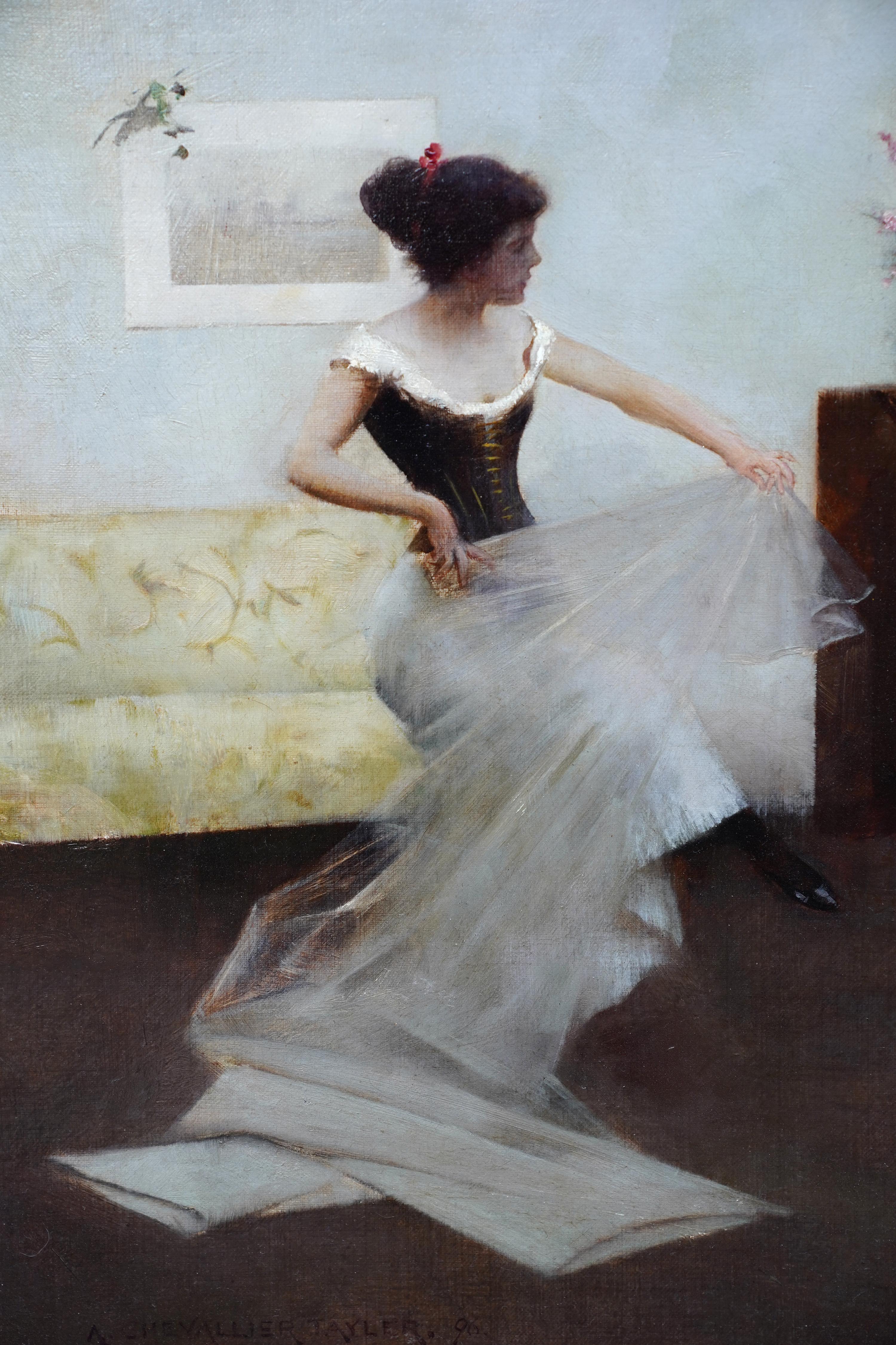 The New Dress - British Victorian 1896 art figurative Interior oil painting - Brown Figurative Painting by Albert Chevalier Tayler
