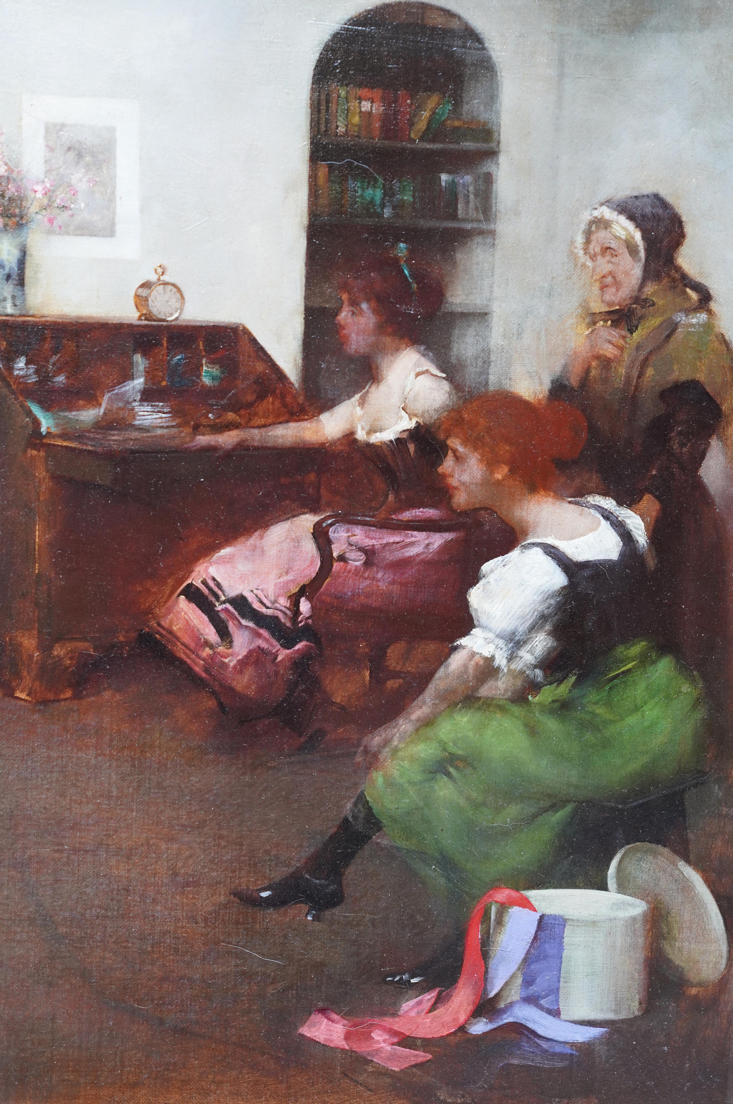 This charming British Victorian oil painting is by noted artist Albert Chevalier Tayler. Painted in 1896 the composition is four women in a sitting room. One young woman is holding up sheer fabric that she is planning to use for a new dress. She is