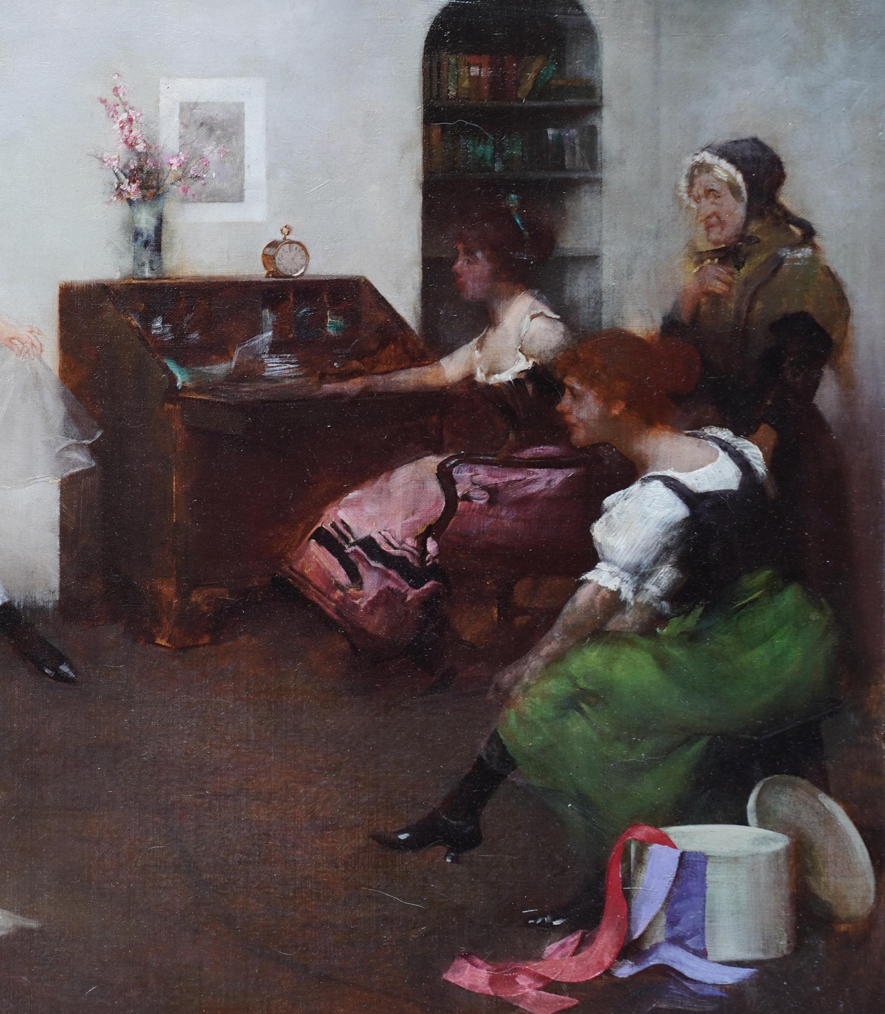 The New Dress - British Victorian 1896 art figurative Interior oil painting For Sale 1