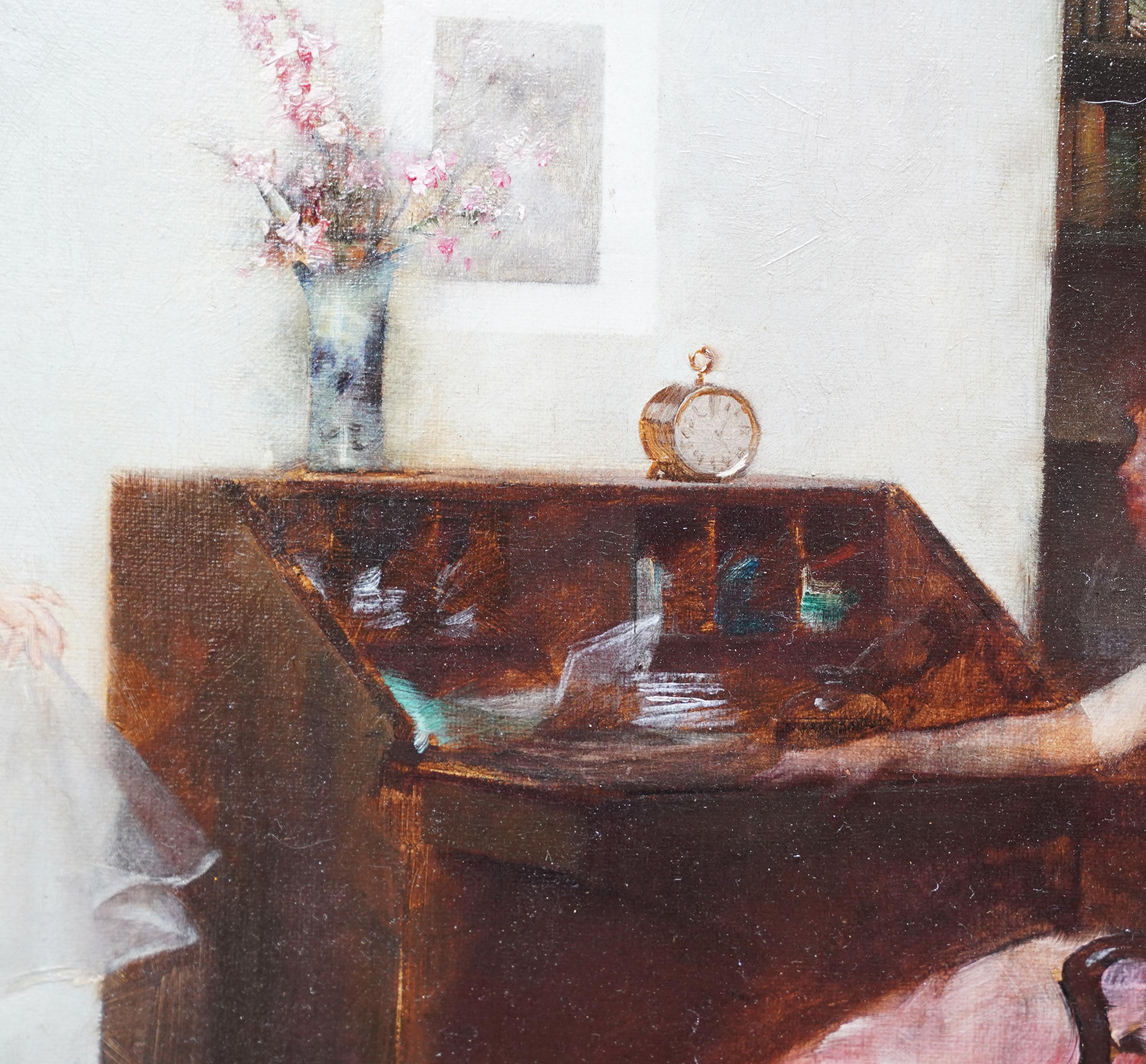 The New Dress - British Victorian 1896 art figurative Interior oil painting For Sale 2