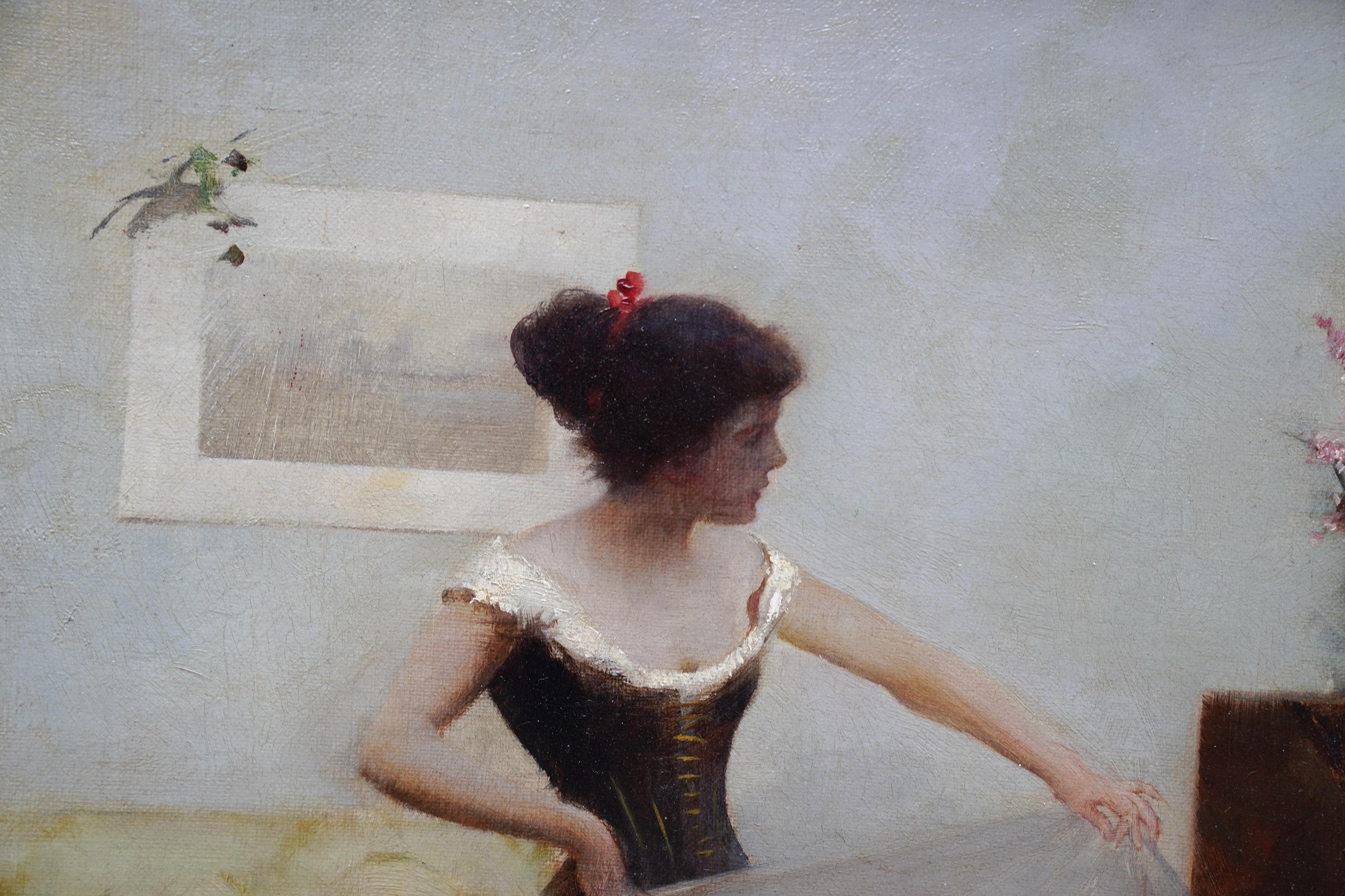 The New Dress - British Victorian 1896 art figurative Interior oil painting For Sale 4