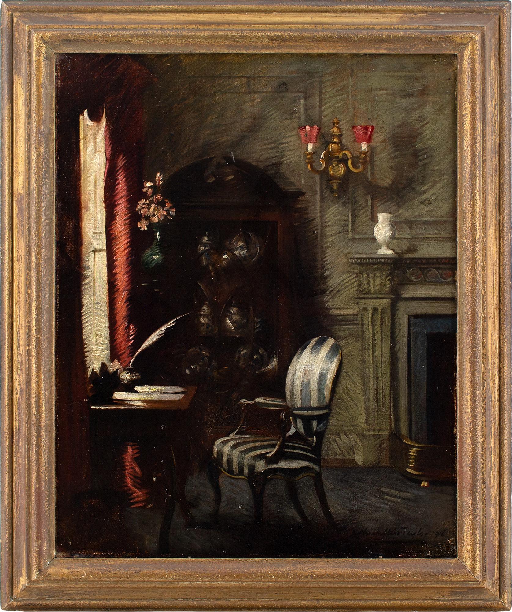This early 20th-century oil painting by British artist Albert Chevallier Tayler (1862-1925) depicts a quiet study with chair, table and various ornaments.

Albert Chevallier Tayler was an esteemed painter of portraits, country scenes, military, and