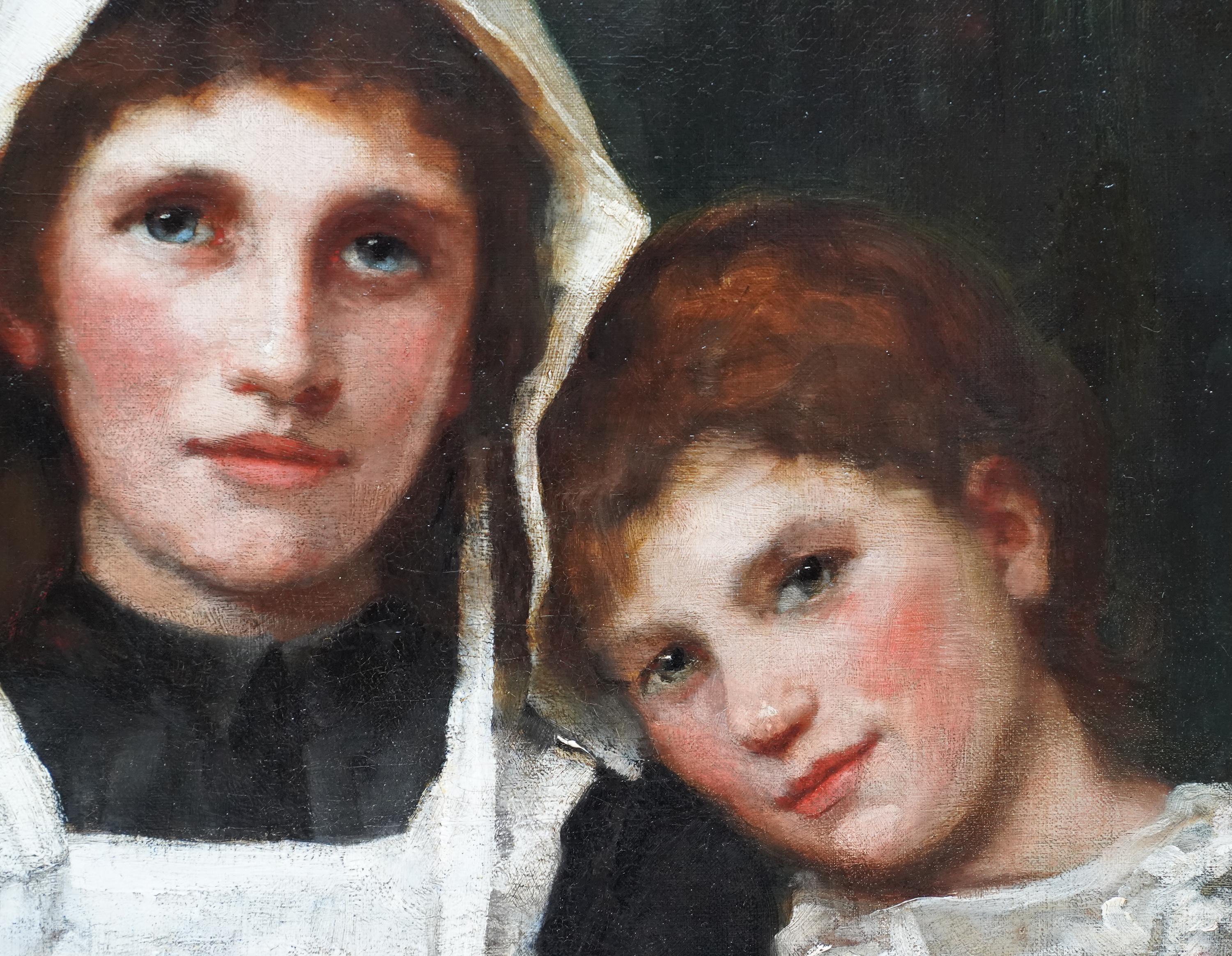 This superb British Edwardian portrait oil painting is attributed to noted Newlyn School artist Albert Chevallier Tayler. Painted circa 1905 the painting is of the head and shoulders of three young girls positioned closely as sisters would be. The