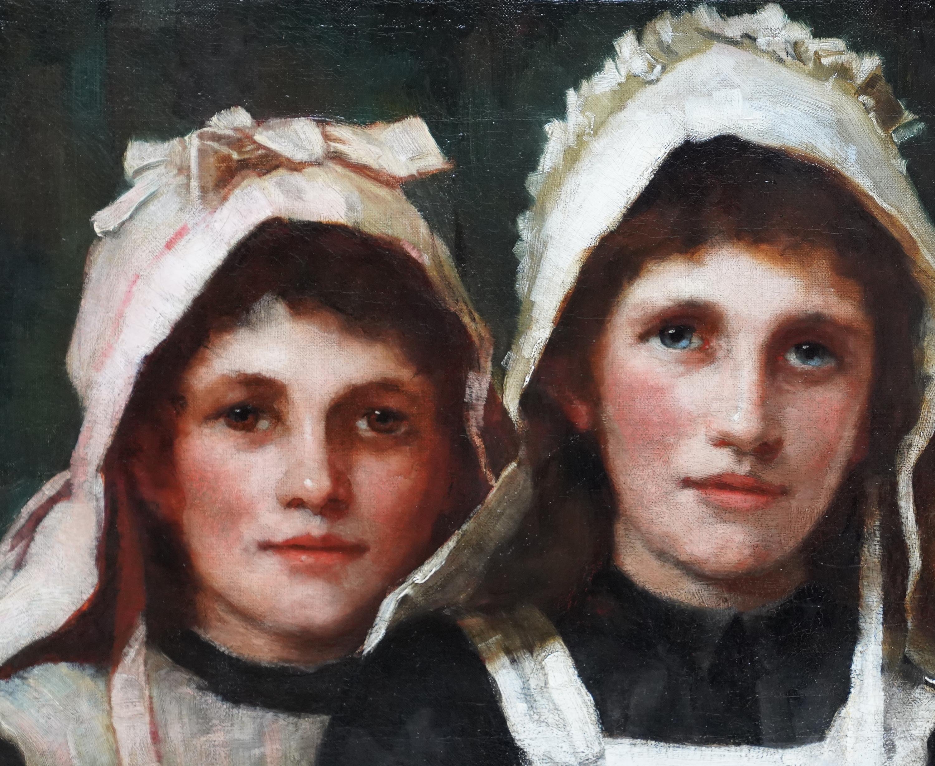 This superb British Edwardian portrait oil painting is attributed to noted Newlyn School artist Albert Chevallier Tayler. Painted circa 1905 the painting is of the head and shoulders of three young girls positioned closely as sisters would be. The