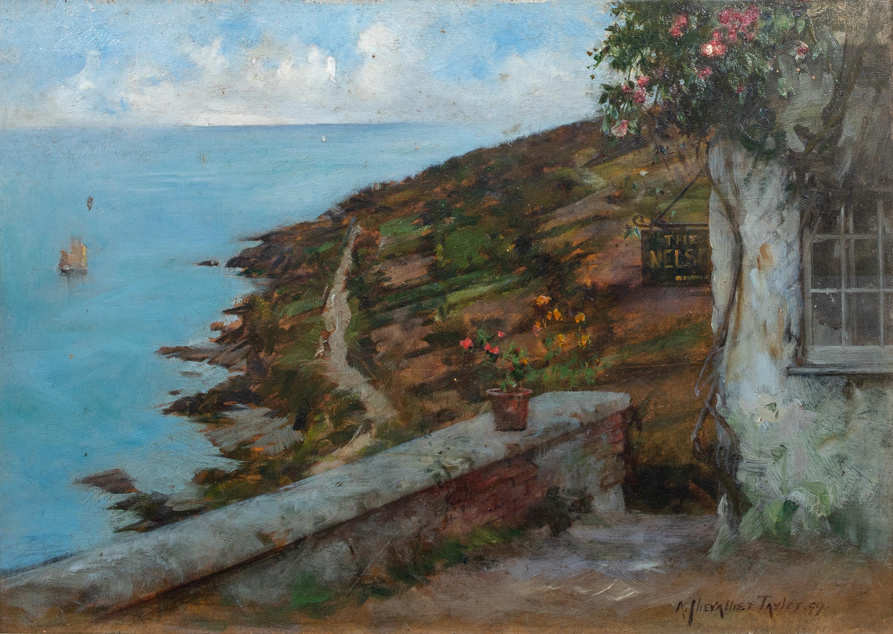 Vista de la costa, Cornualles, fechada en 1899 - Landscape Painting Marrón de Albert Chevallier Tayler
