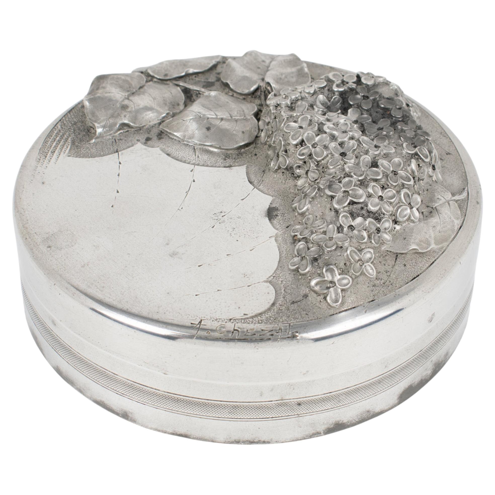 Albert Chezal Art Nouveau Pewter Box with Lilac Decor, France circa 1910