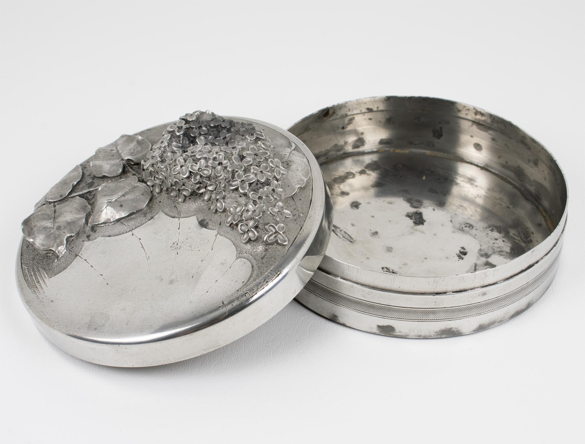 Metal Albert Chezal French Art Nouveau Pewter Box with Lilac Decor For Sale