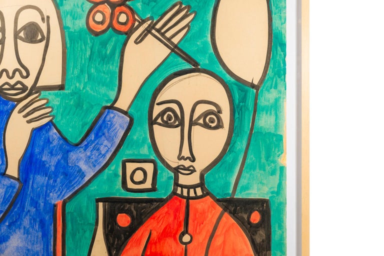 Albert Chubac, Composition, 
Representing two characters, 
Painting, mixed-media on paper,
circa 1965, France. 

Measures: Height 99 cm, width 81 cm, depth 3 cm.

Albert Chubac was born in Geneva in 1920. After studying decorative art, then at the