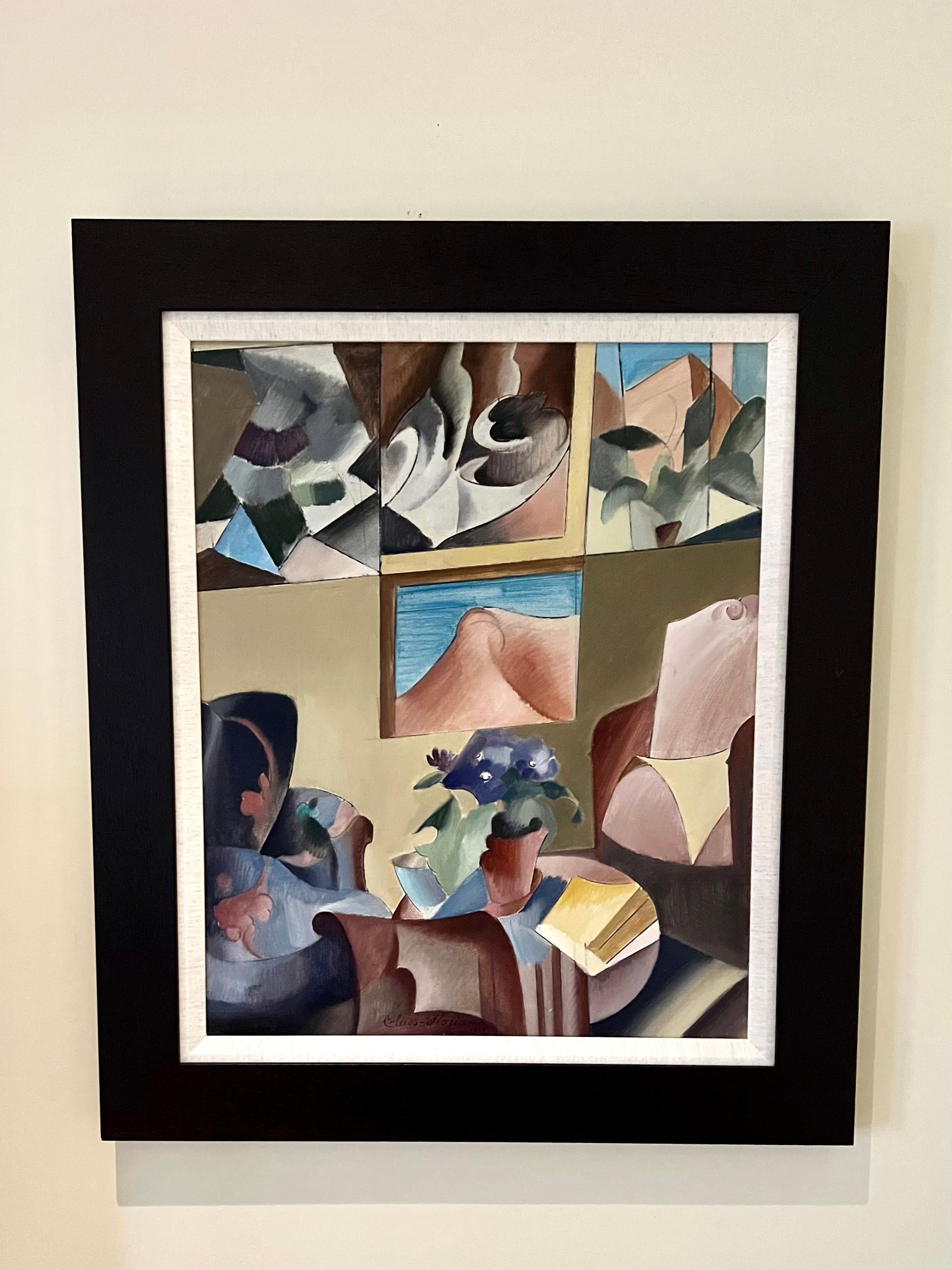 Un evocador óleo sobre lienzo de estilo Art Déco que representa una vista desde una ventana, firmado y fechado en 1929 en la parte inferior central del cuadro. Claes-Thobois nació en 1883 y estudió en la Academia de Bruselas con Constant Montaid y