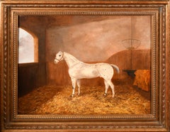 XIX secolo, Cavallo grigio in una stalla, olio, Albert Clark