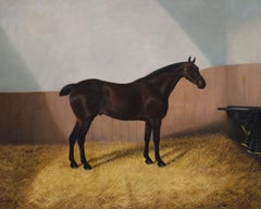 19th Century horse portrait oil painting of a bay horse in a stable