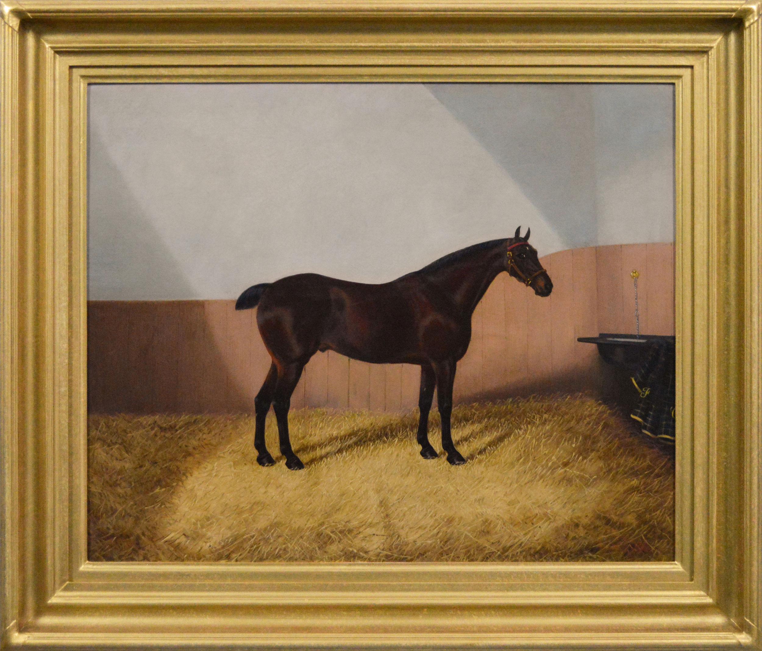 19th Century horse portrait oil painting of a bay horse in a stable