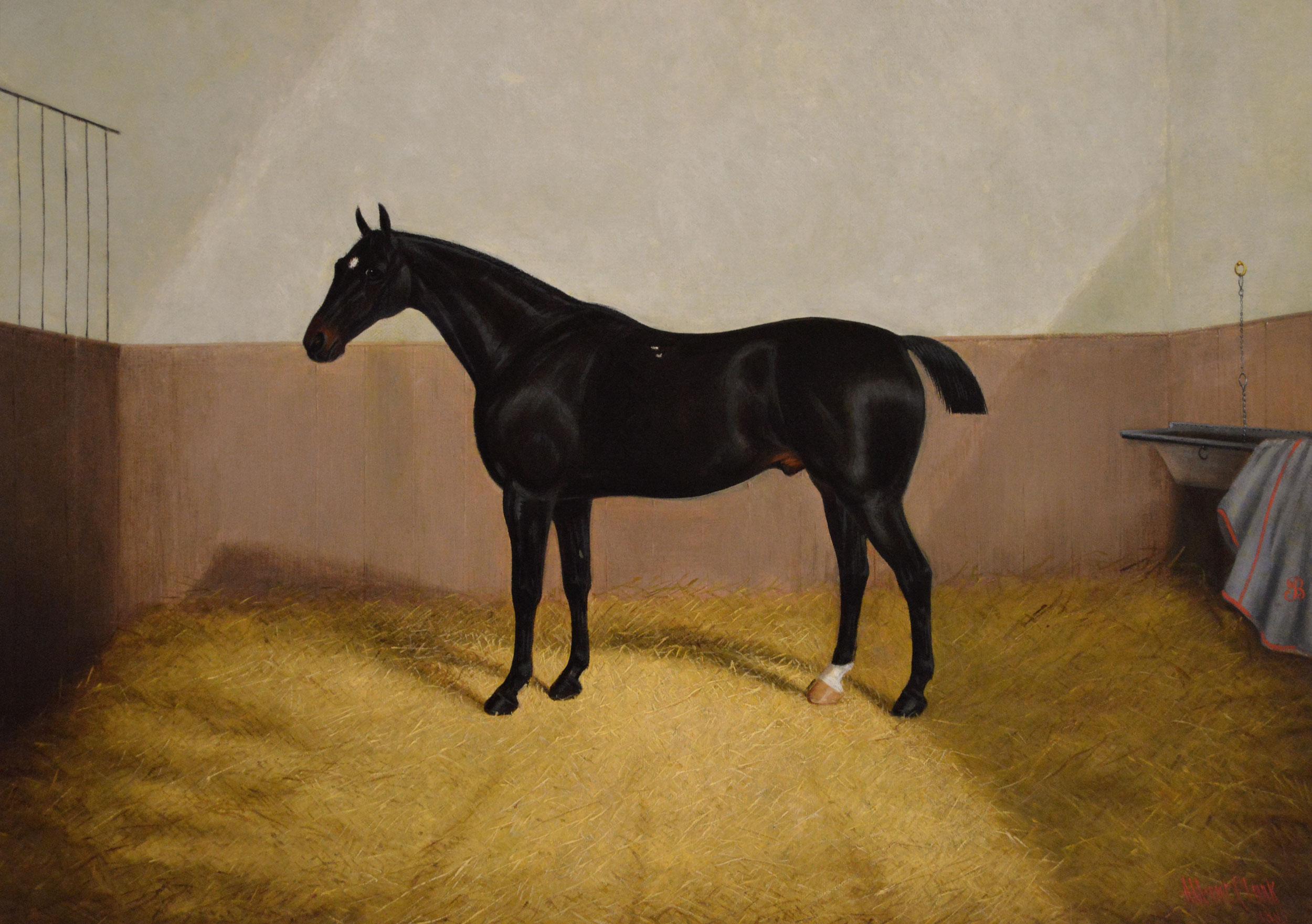 19th Century horse portrait oil painting of a dark seal brown horse in a stable - Painting by Albert Clark