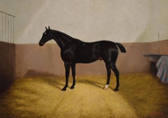 19th Century horse portrait oil painting of a dark seal brown horse in a stable